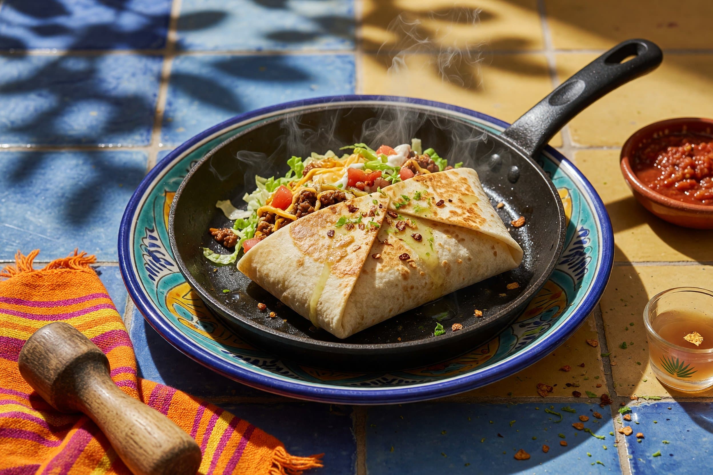 Place your crunch wrap on a none stick pan over medium high heat to toast it up while preparing The BEST Crunchwrap Supreme