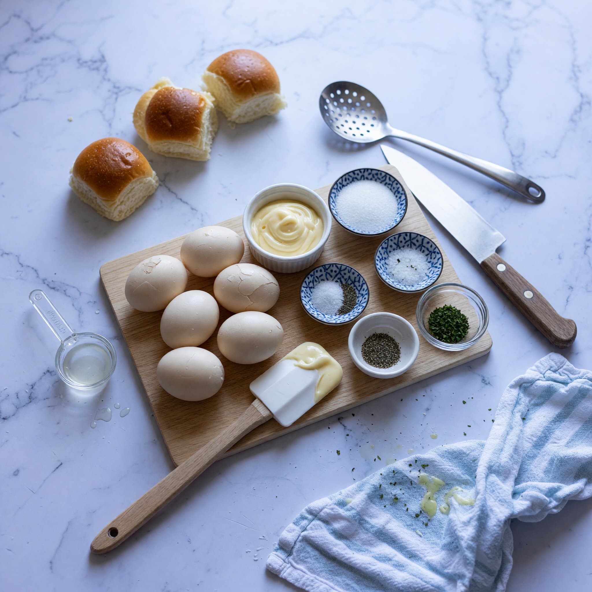 Overhead view of Mini Brioche Buns (Or Sub With 12 Slices Of White Bread), Eggs, Japanese Mayonnaise, Salt, White Granulated Sugar, Black Pepper, Dried Parsley and White Vinegar arranged on a table