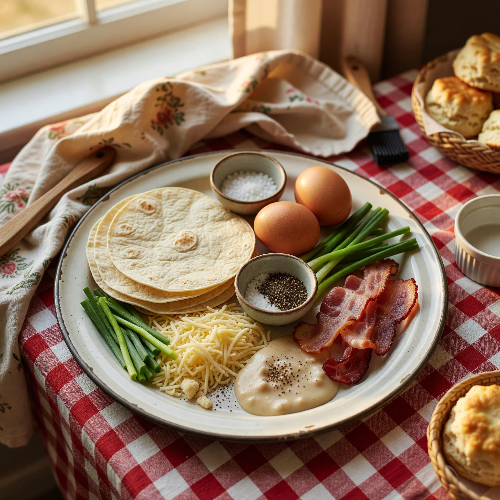 Overhead view of Flour Tortillas, Eggs, Cheese, Green Onions, Bacon, Salt and Black Pepper arranged on a table