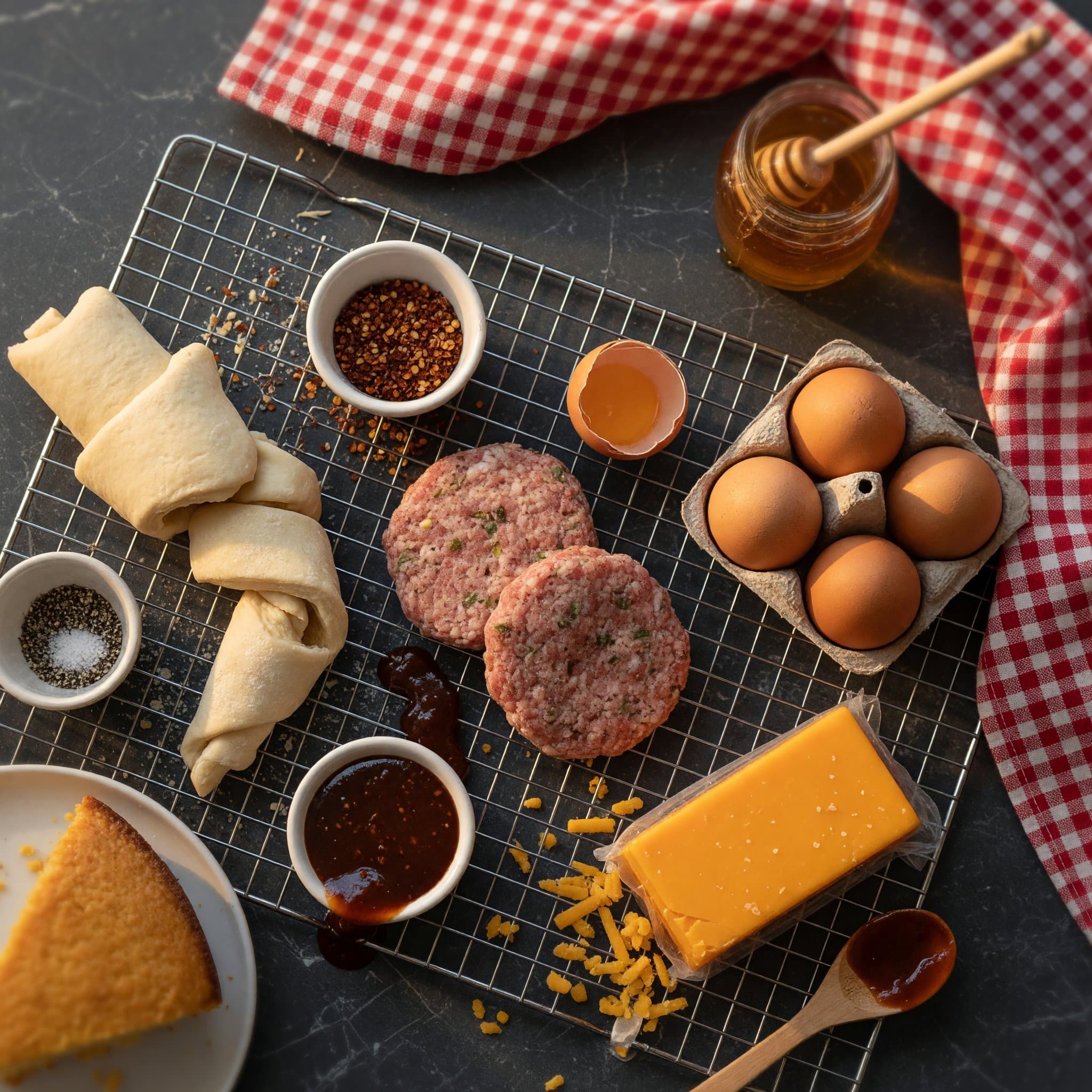 Overhead view of Crescent Roll Dough, Breakfast Sausage Patties, Eggs and Cheddar Cheese arranged on a table