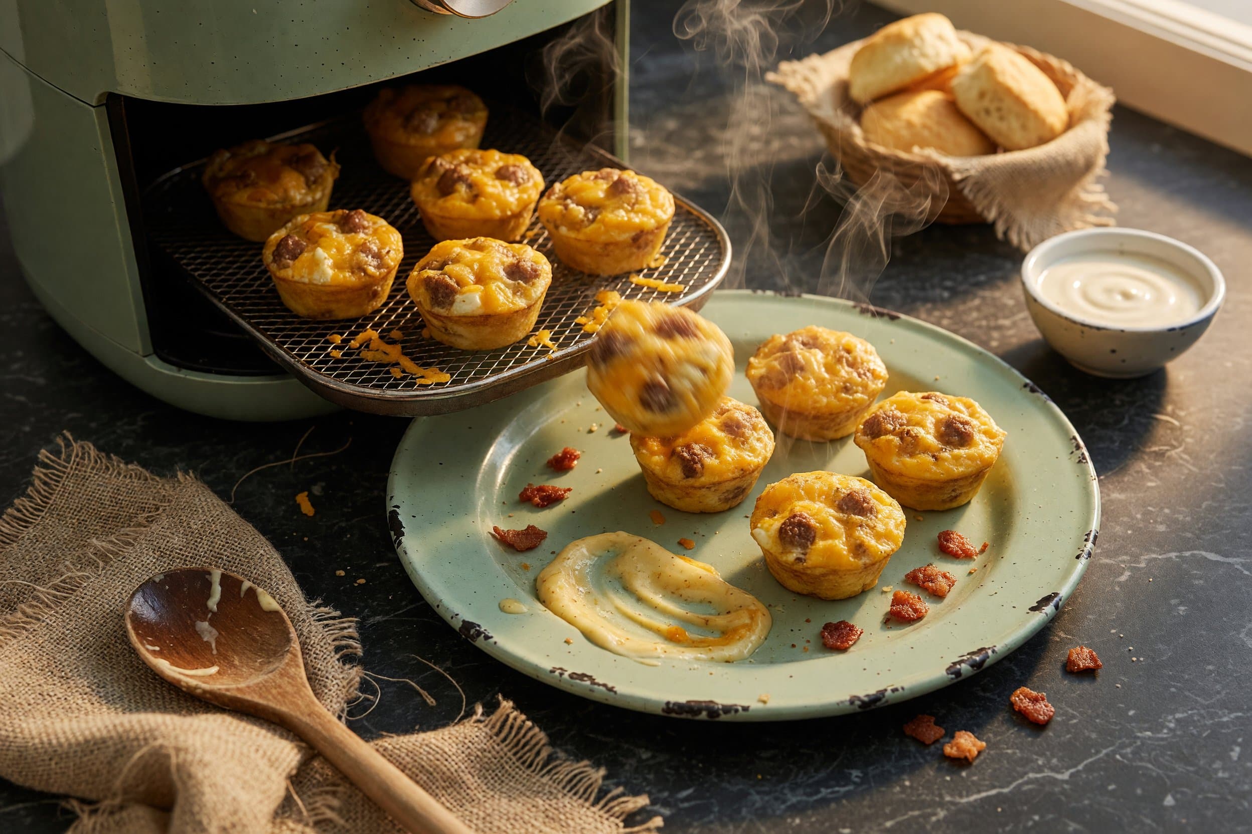 Pre heat your air fryer to 385℉ and then place your breakfast bites in and air f while preparing Sausage Egg & Cheese Breakfast Bites