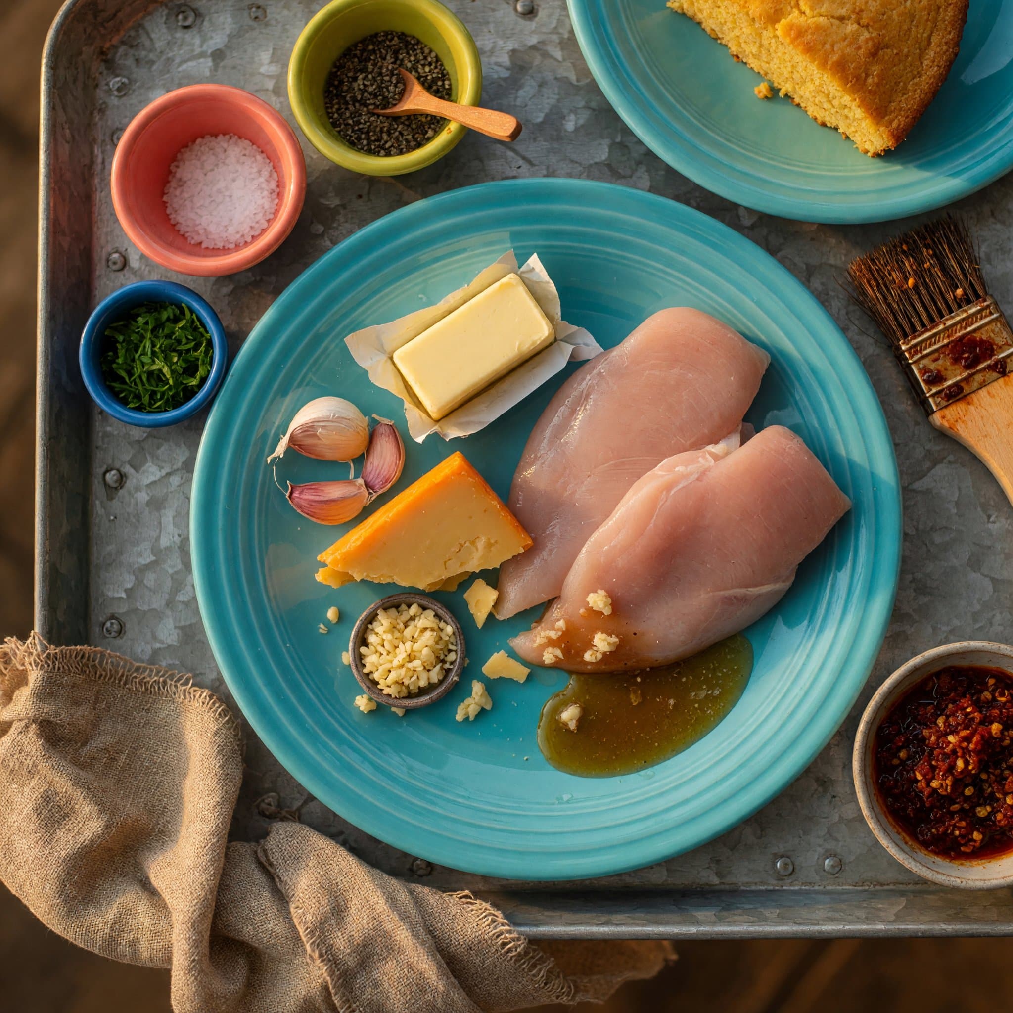 Overhead view of Chicken Breasts, Butter, Garlic, Cheddar Cheese, Salt, Black Pepper and Fresh Parsley arranged on a table