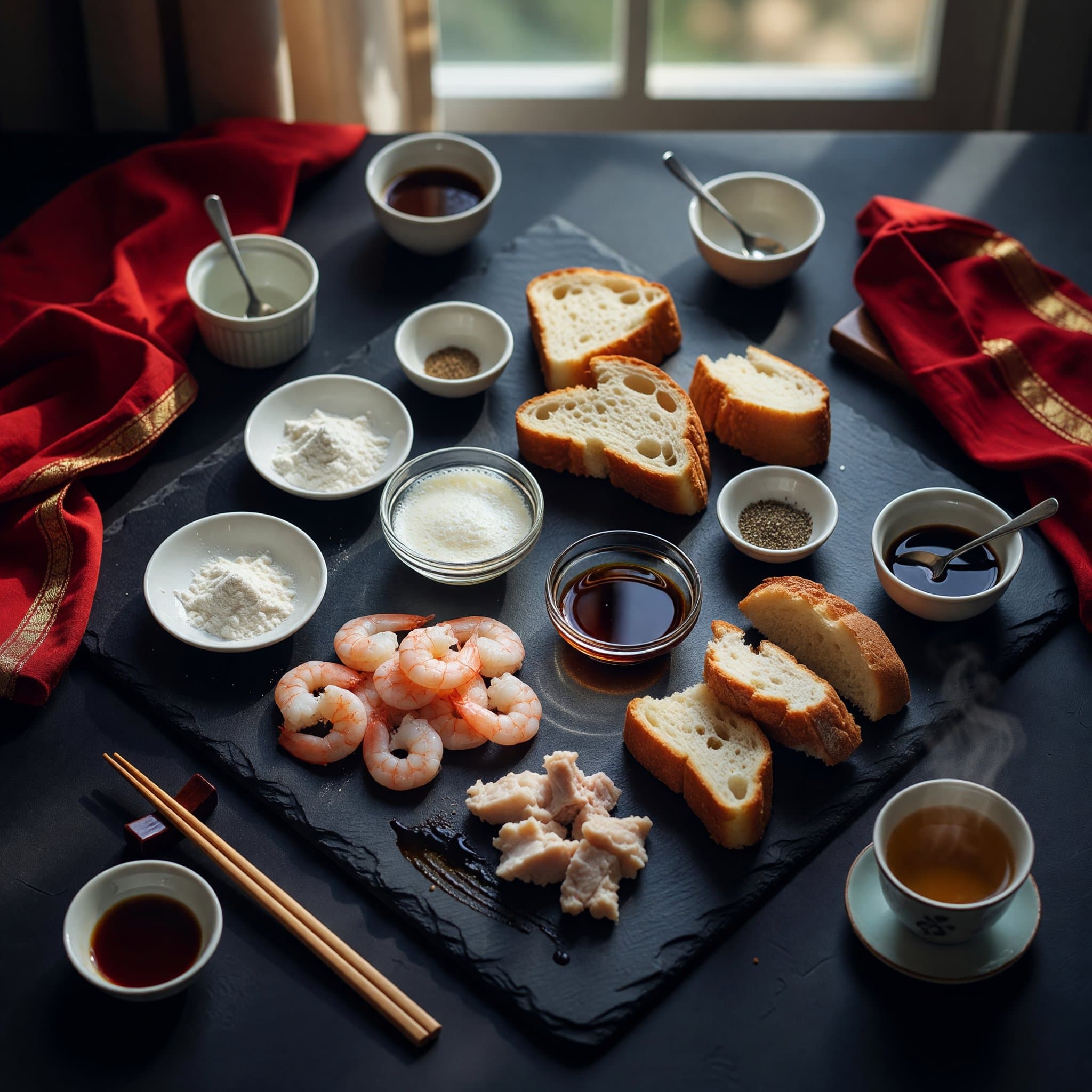 Overhead view of Shrimp, Pork Fat Back Or Fatback, Egg White, Sesame Oil, Soy Sauce, White Pepper, Cornstarch and Bread arranged on a table