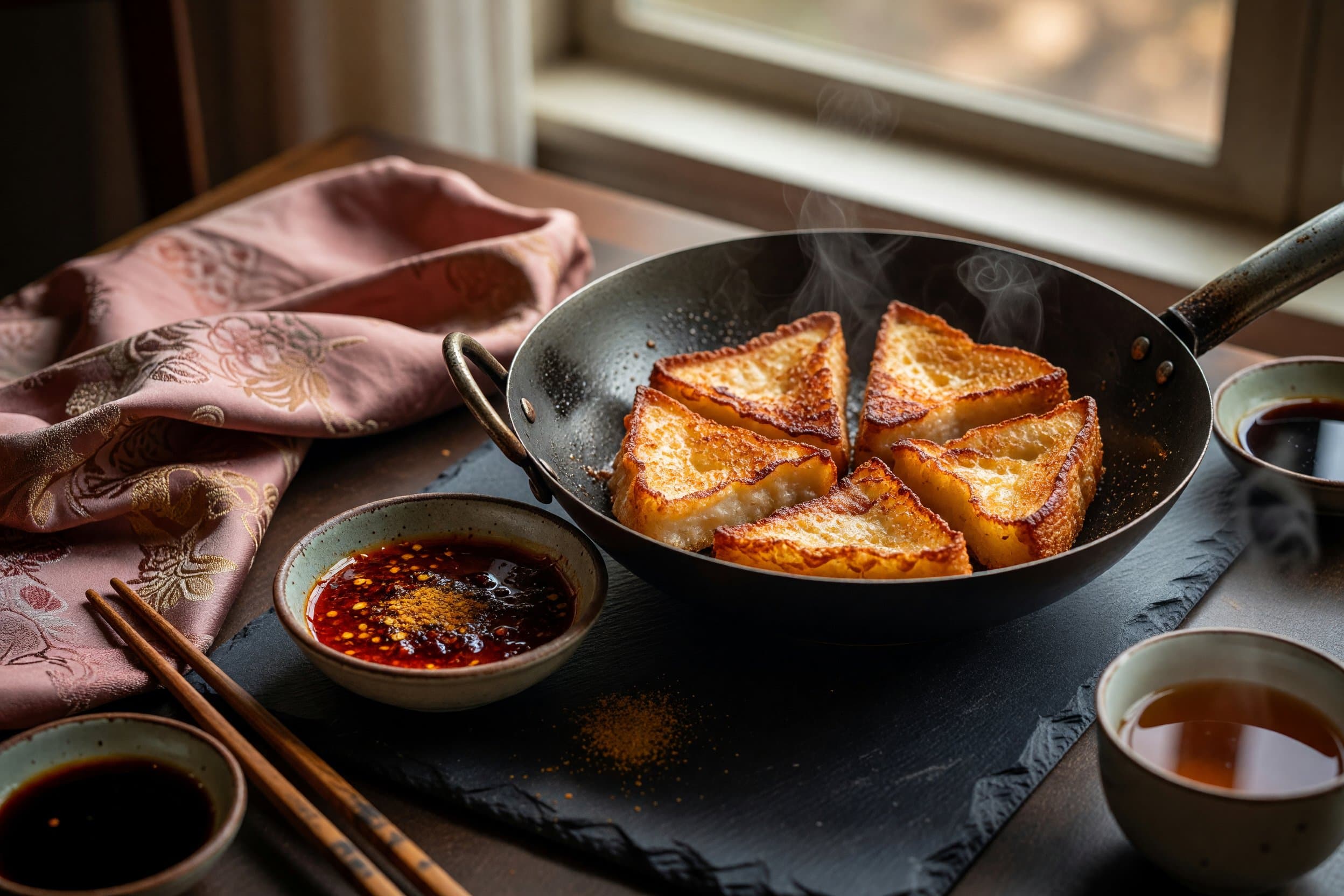 Fry for about 2-3 minutes per side, until the shrimp coating is golden brown and while preparing Crispy Shrimp Toast with Sweet & Spicy Dipping Sauce