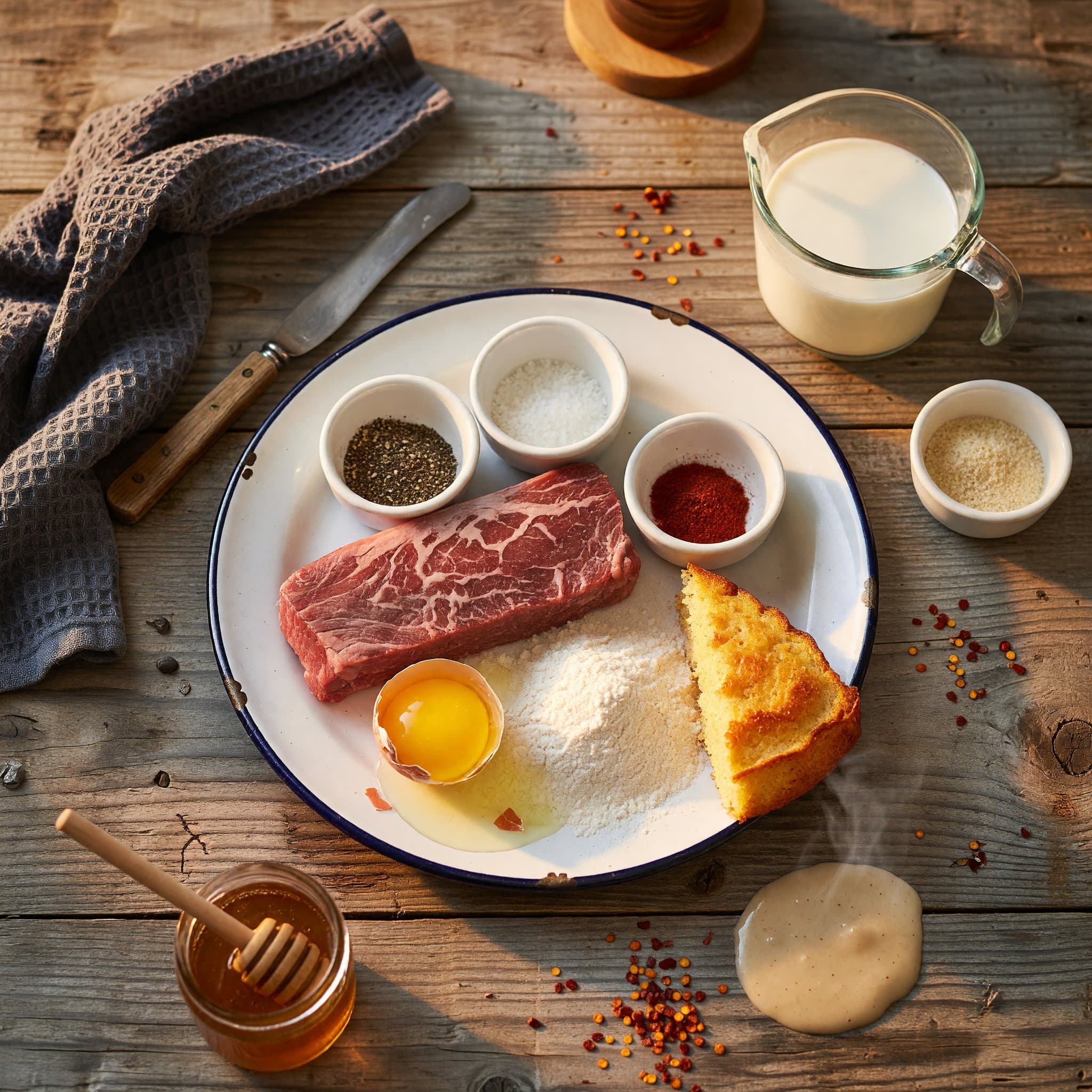 Overhead view of Beef Cube Steak, All-Purpose Flour, Black Pepper, Salt, Paprika, Garlic Powder, Whole Milk and Eggs arranged on a table