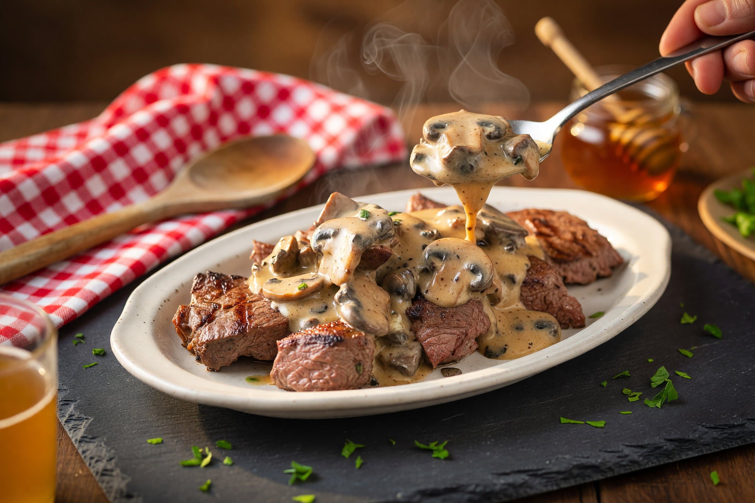 Serve immediately, spooning the creamy mushroom gravy over each steak while preparing Pan-Seared Beef Cube Steak with Creamy Mushroom Gravy
