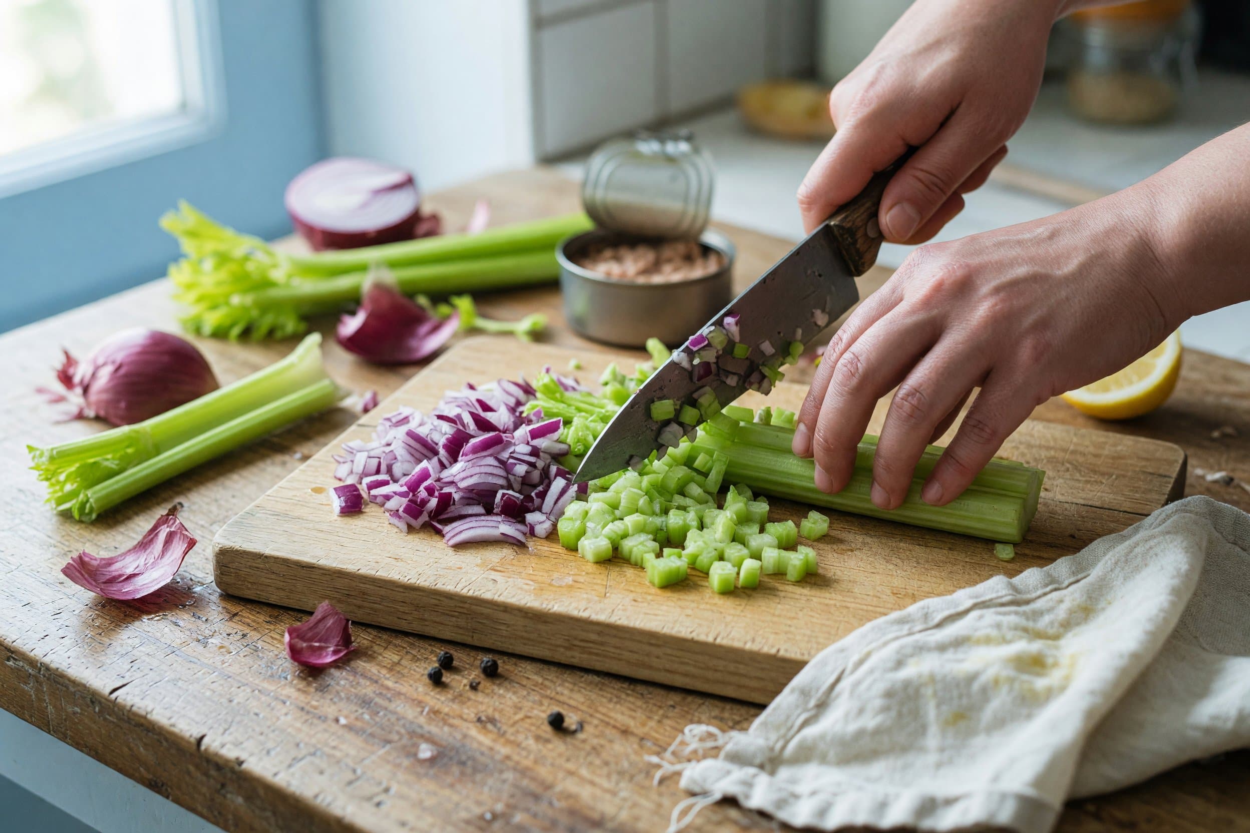 Chopping celery and red onion while preparing Tuna Salad