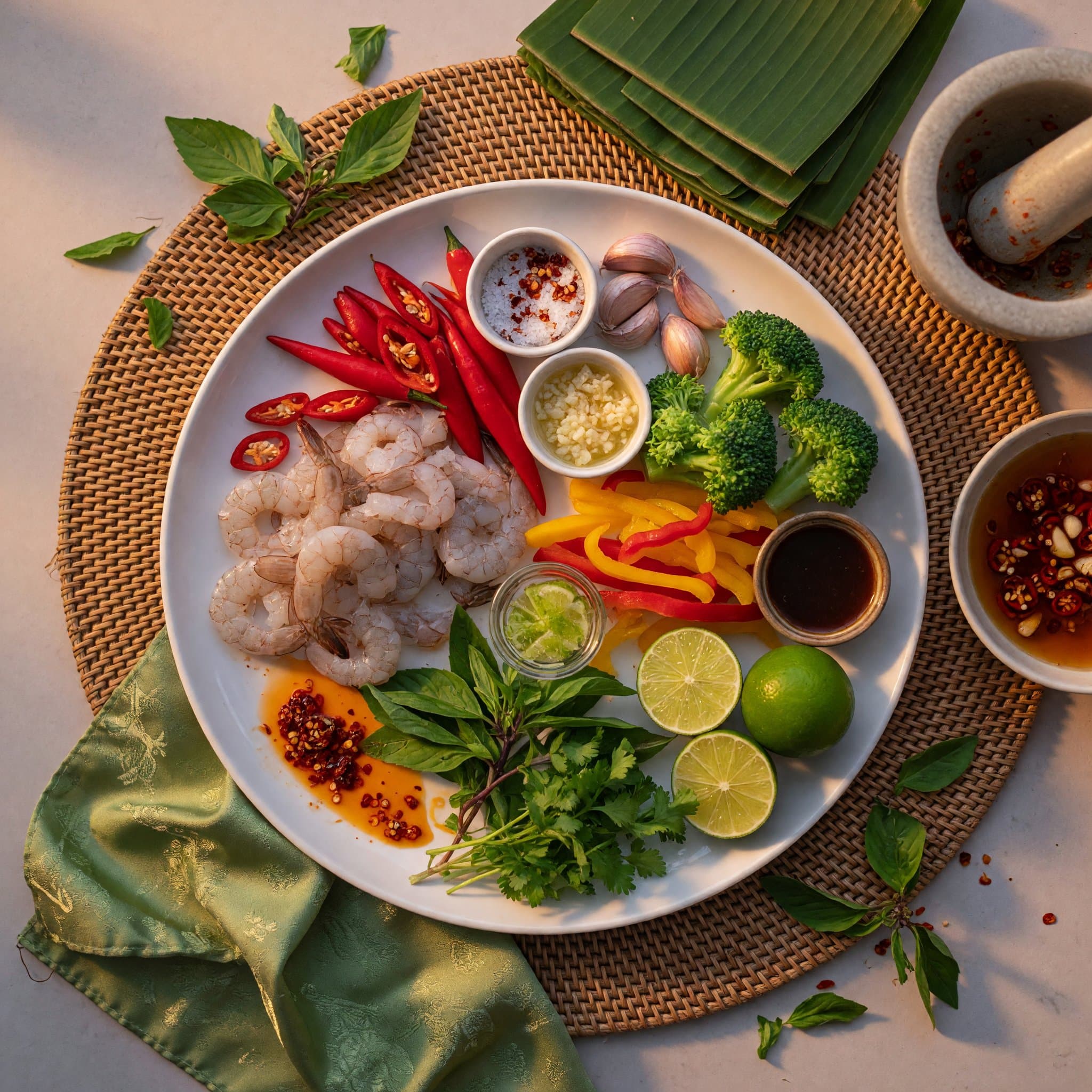 Overhead view of Shrimp, Red Chili Peppers, Lime, Fresh Thai Basil, Fresh Cilantro, Bell Pepper, Broccoli Florets and Garlic arranged on a table