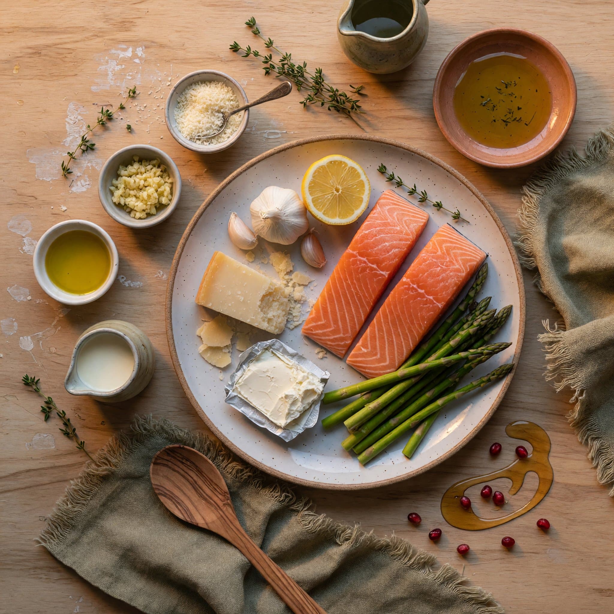 Overhead view of Salmon Fillets, Fresh Asparagus, Avocado Oil, Cream Cheese, Garlic, Lemon, Parmesan Cheese and Fresh Thyme arranged on a table