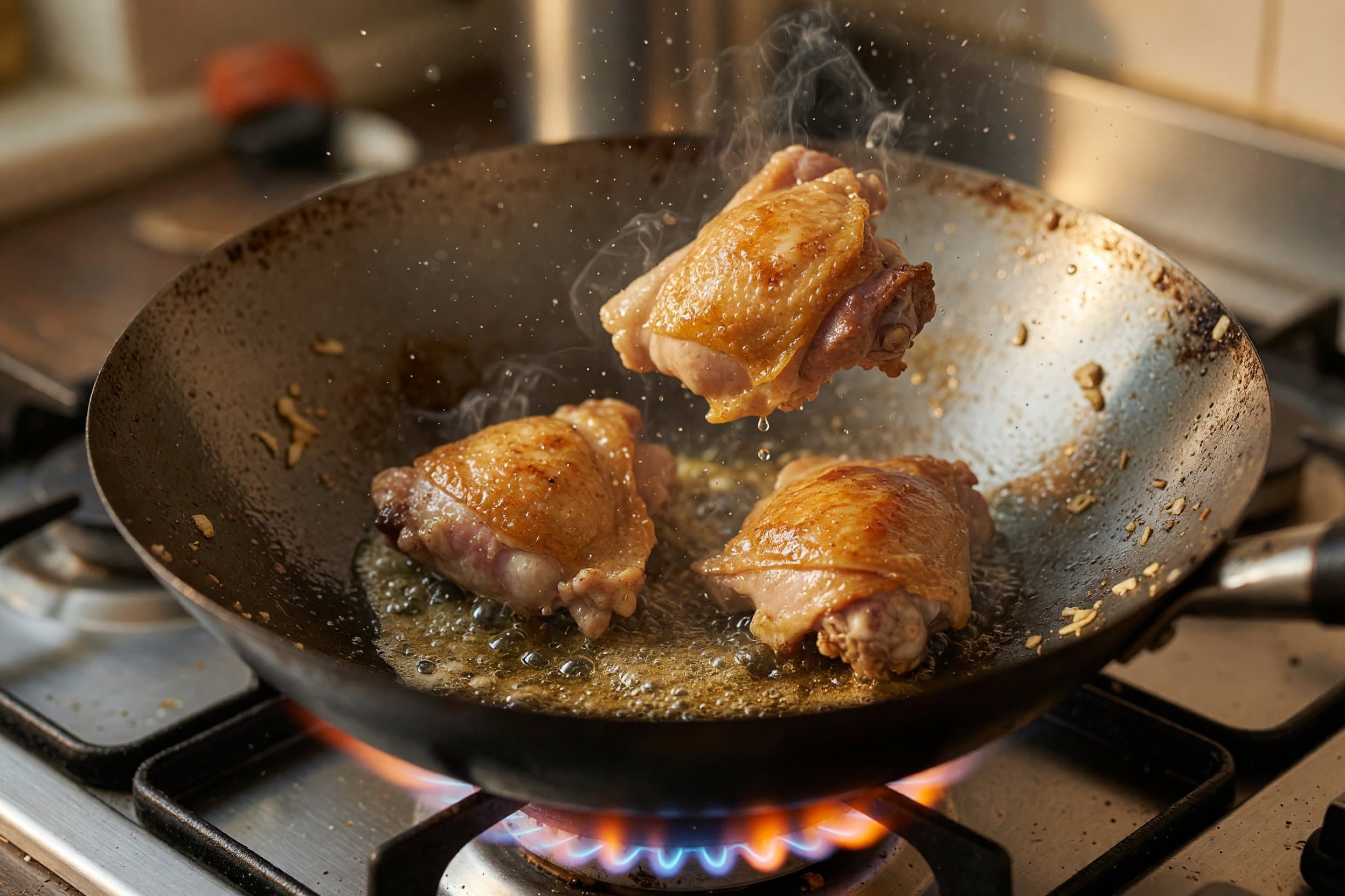 Searing chicken thighs while preparing Thai Basil Chicken