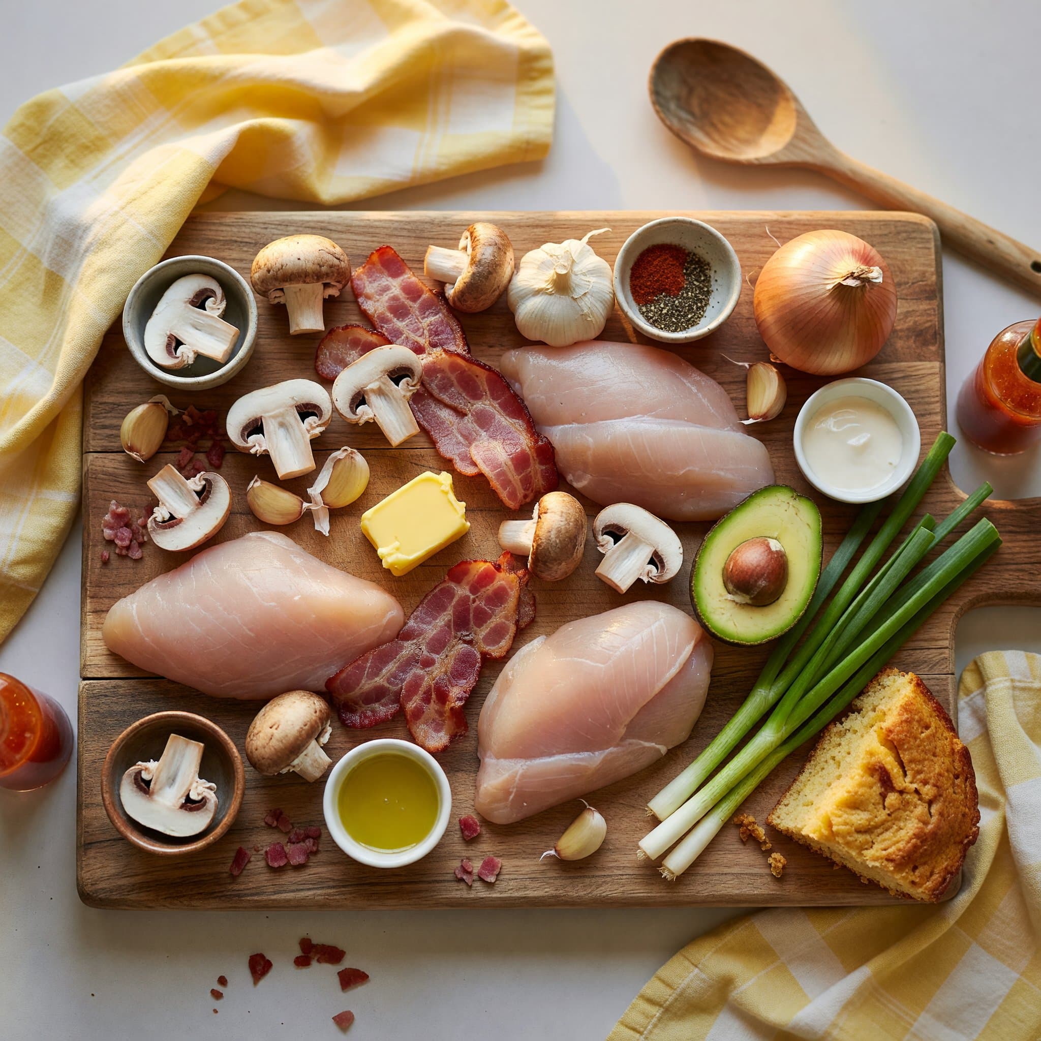 Overhead view of Chicken Breast, Bacon, Butter, Mushroom, Garlic, Onion, Avocado and Scallion arranged on a table