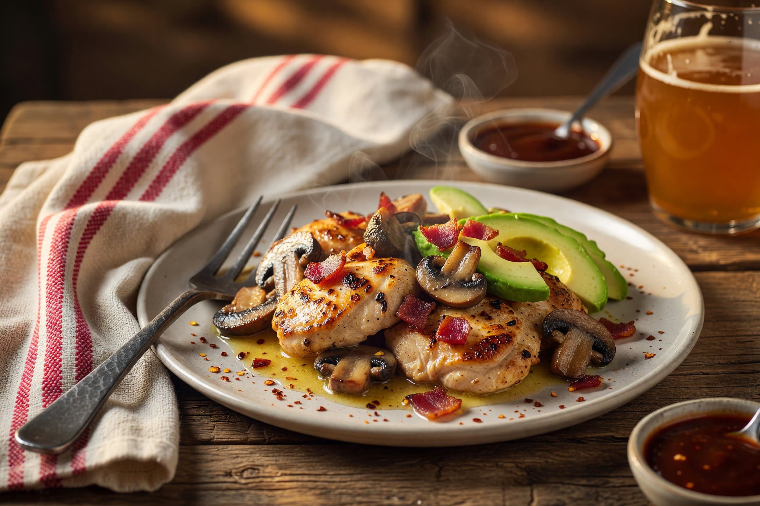 Divide between two plates while preparing Garlic Butter Mushroom & Avocado Chicken with Crispy Bacon