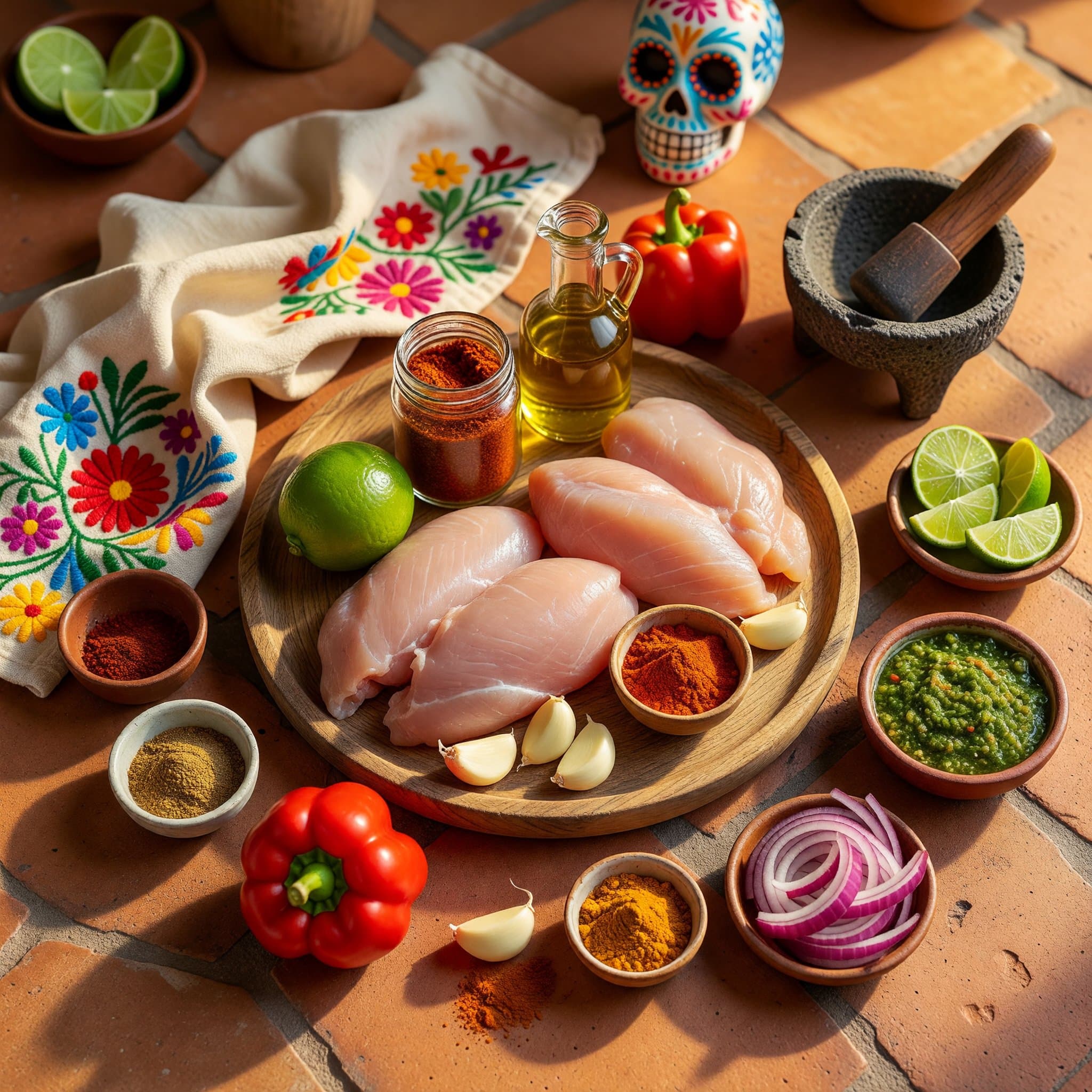 Overhead view of Chicken Breasts, Lime, Chili Powder, Olive Oil, Garlic, Cumin, Paprika and Red Bell Pepper arranged on a table