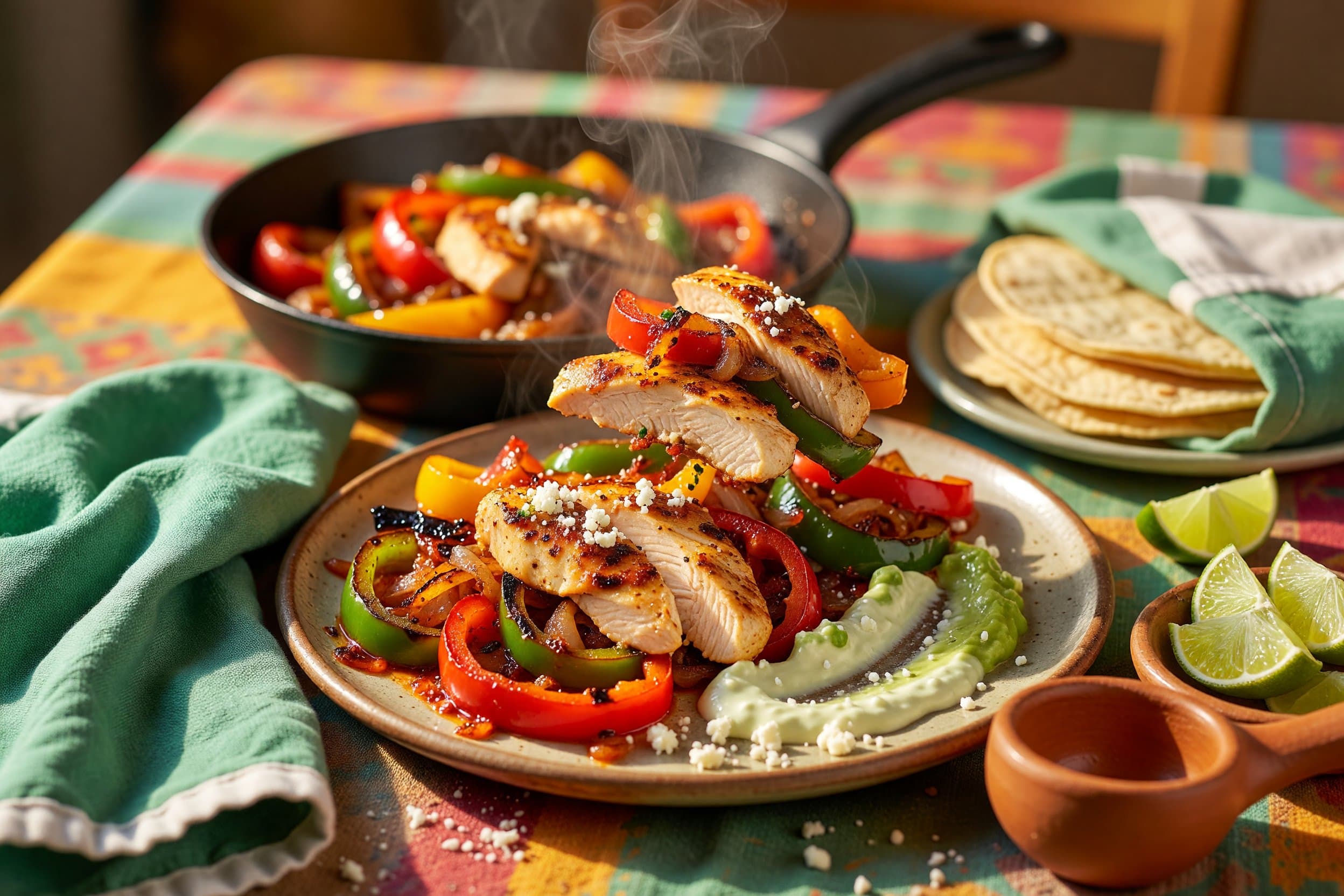 Serve the chicken and vegetables on warm tortillas while preparing Chili-Lime Chicken Fajita Skillet with Charred Peppers & Crispy Onions