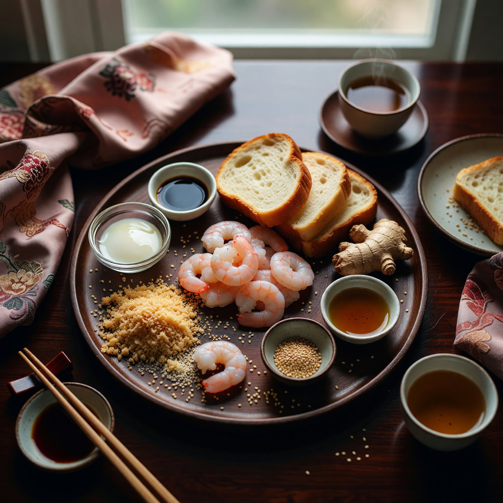 Overhead view of Shrimp, White Bread, Sesame Seeds, Panko Breadcrumbs, Egg White, Soy Sauce, Sesame Oil and Ginger arranged on a table
