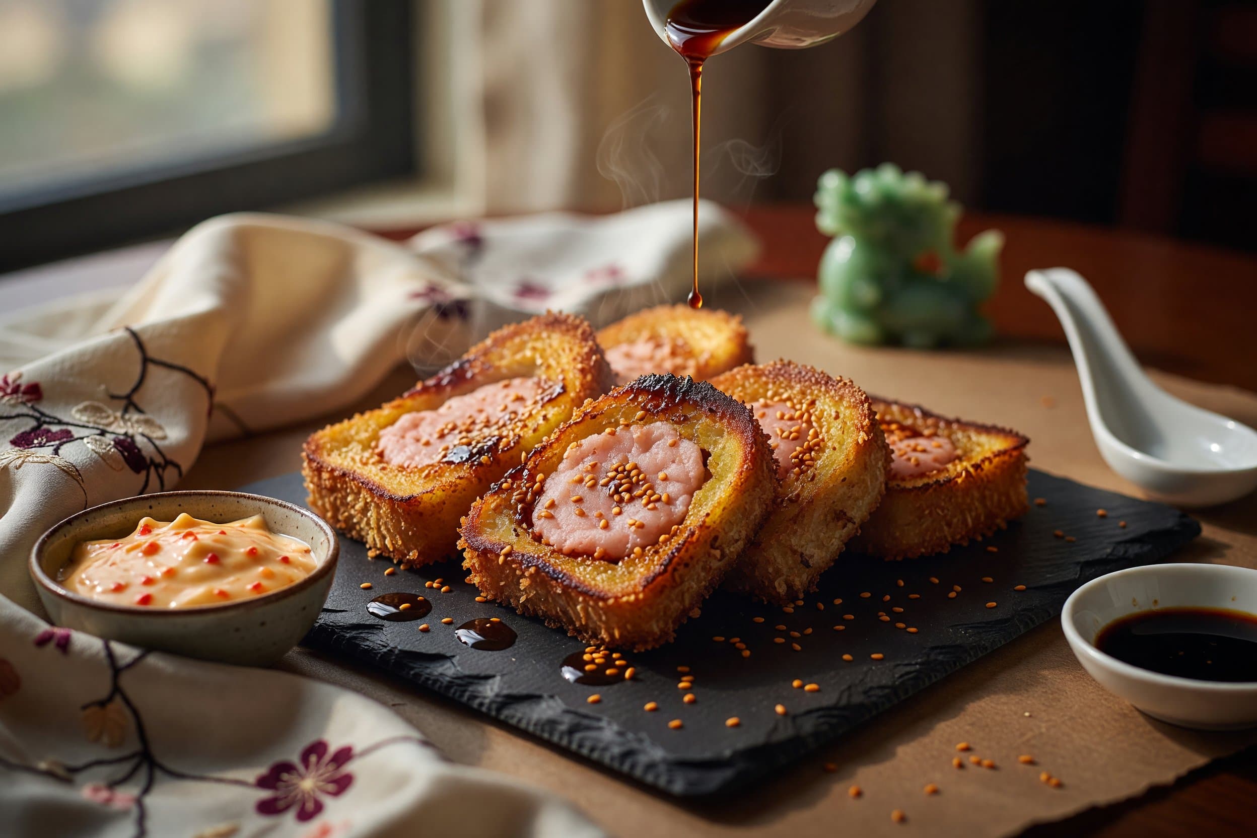 Plate the hot shrimp toast and serve immediately with the chili mayo on the side while preparing Crispy Shrimp Toast with Sweet Chili Mayo