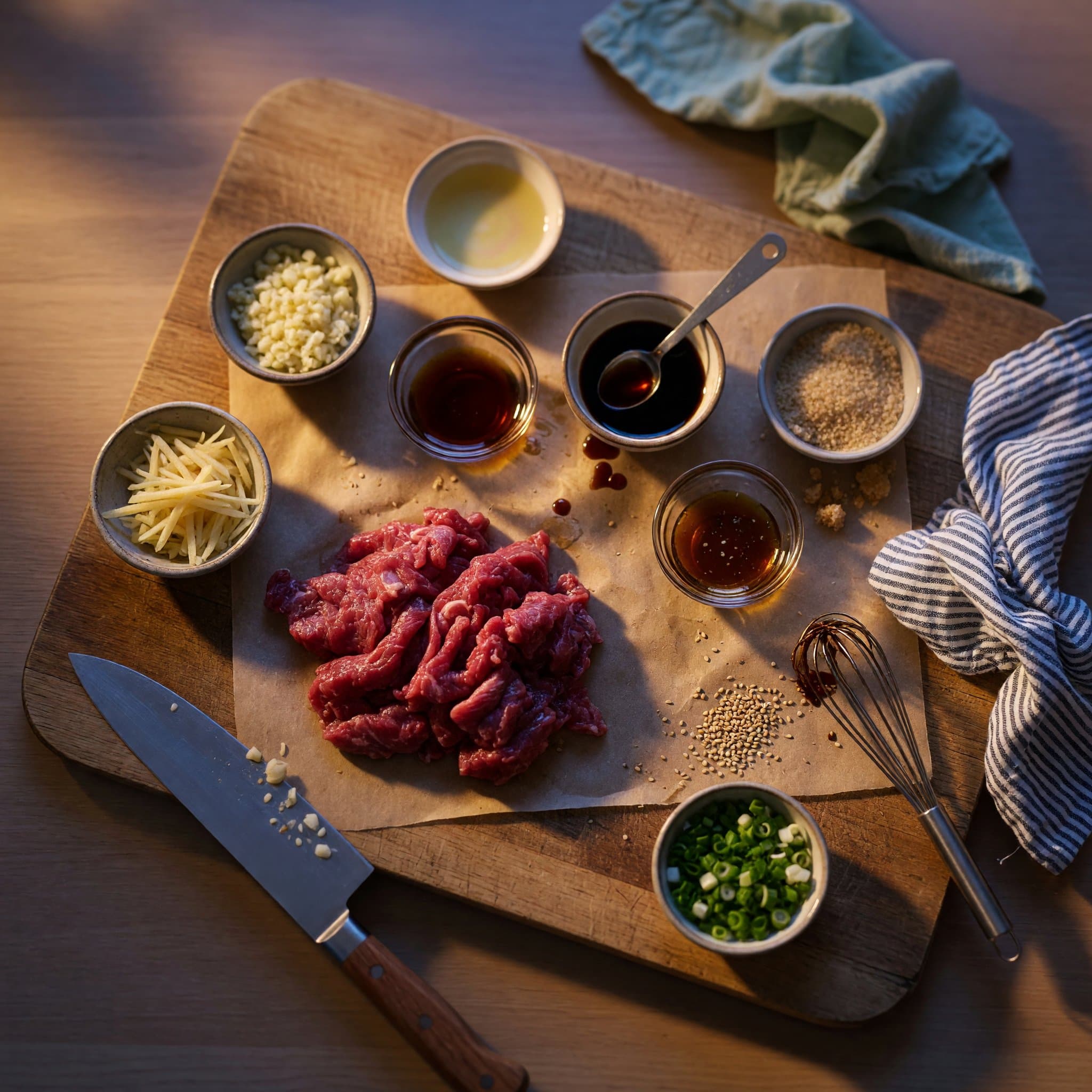 Overhead view of Beef Sirloin Steak, Soy Sauce, Mirin, Sesame Oil, Garlic, Ginger, Brown Sugar and Vegetable Oil arranged on a table