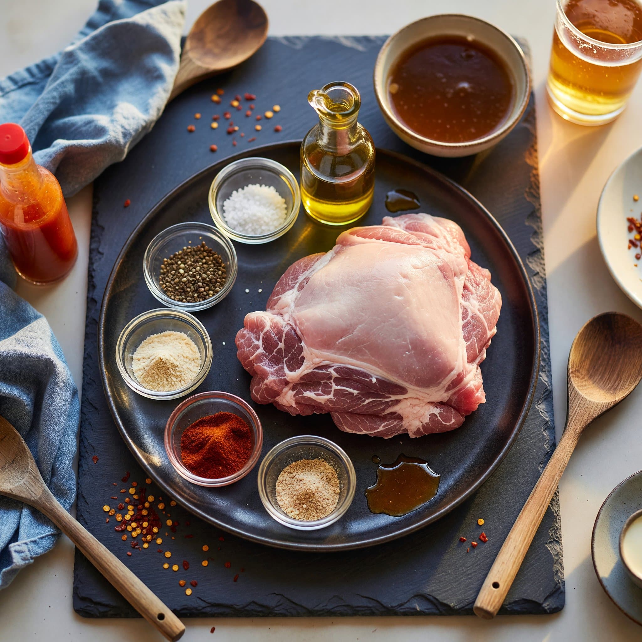 Overhead view of Pork Shoulder, Black Pepper, Kosher Salt, Garlic Powder, Paprika, Onion Powder, Olive Oil and Beef Broth arranged on a table