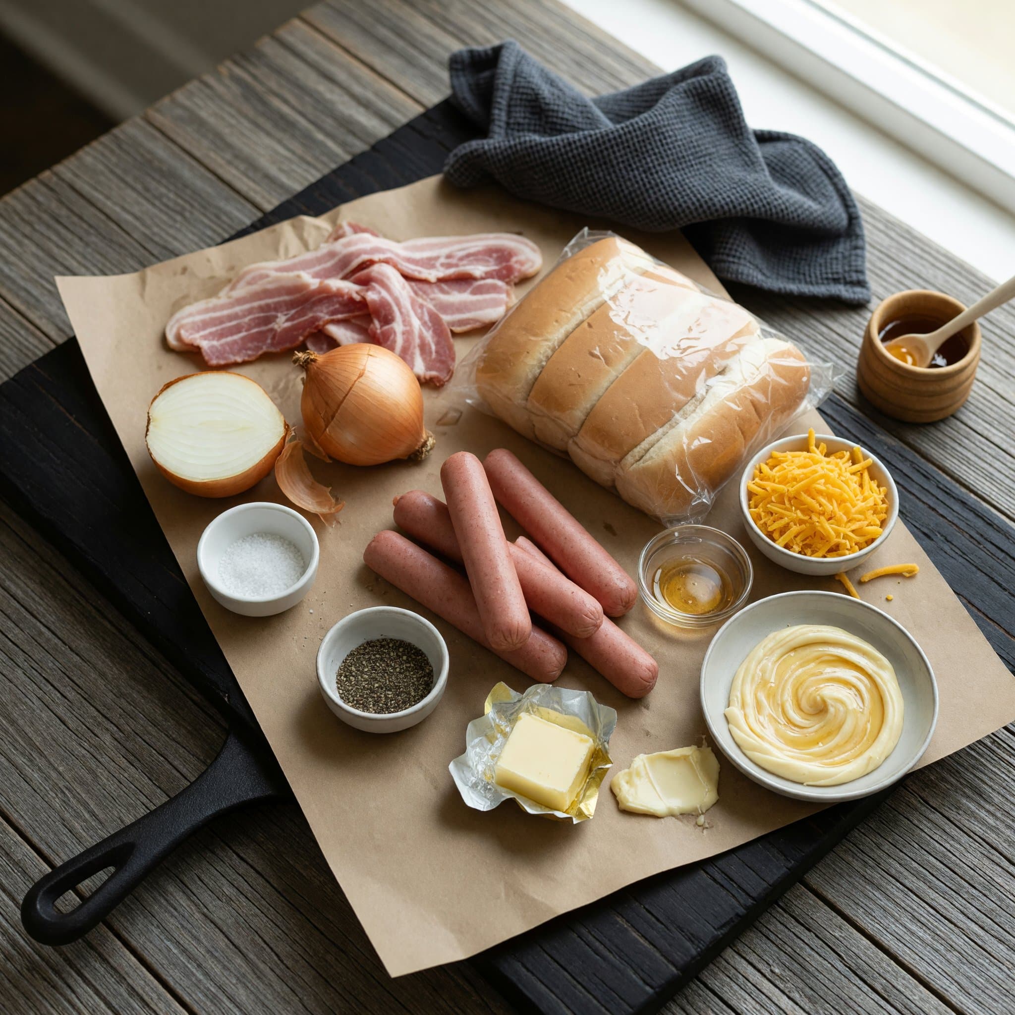 Overhead view of Beef Hotdogs, Hotdog Buns, Bacon, Yellow Onion, Butter, Kosher Salt, Black Pepper and Cheddar Cheese arranged on a table