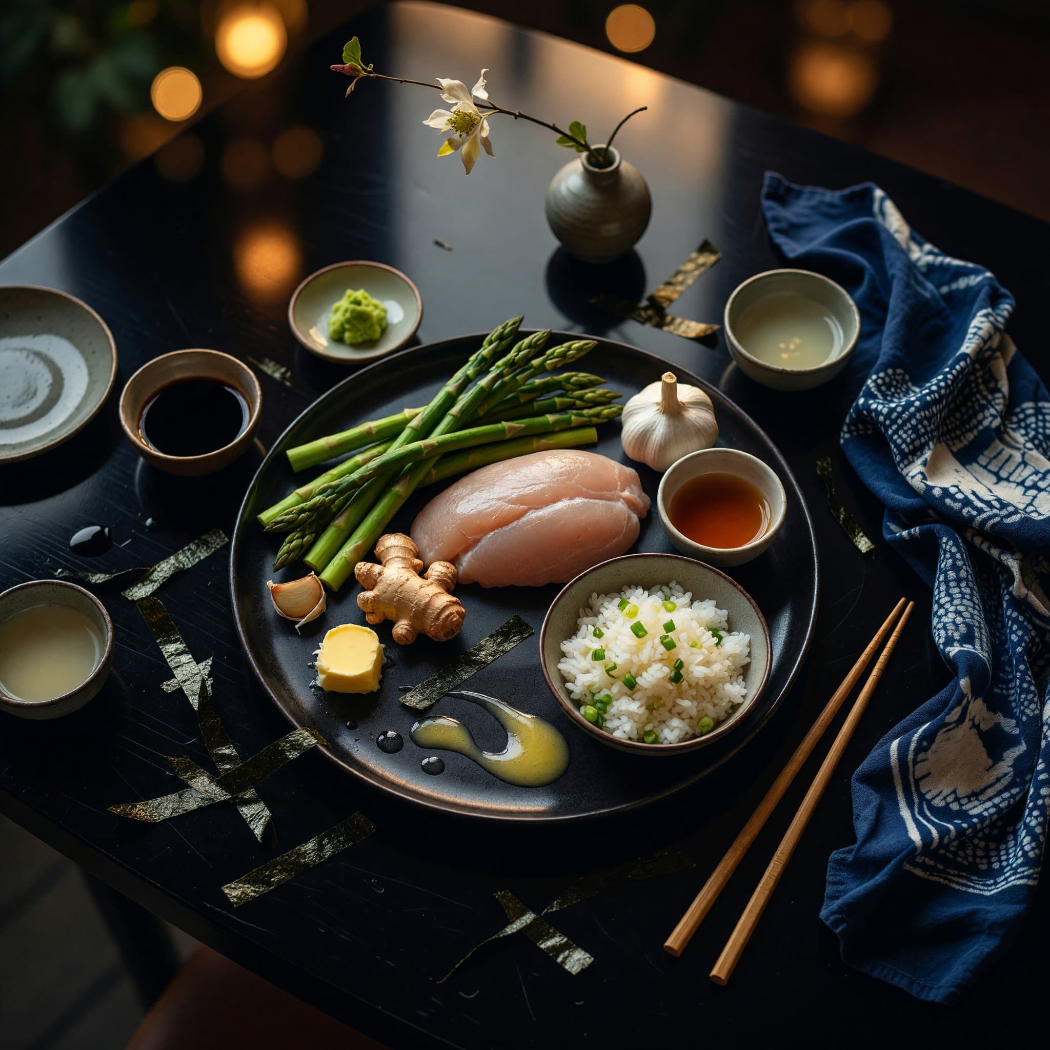 Overhead view of Chicken Breast, Soy Sauce, Mirin, Sake, Garlic, Ginger, Butter and Asparagus arranged on a table