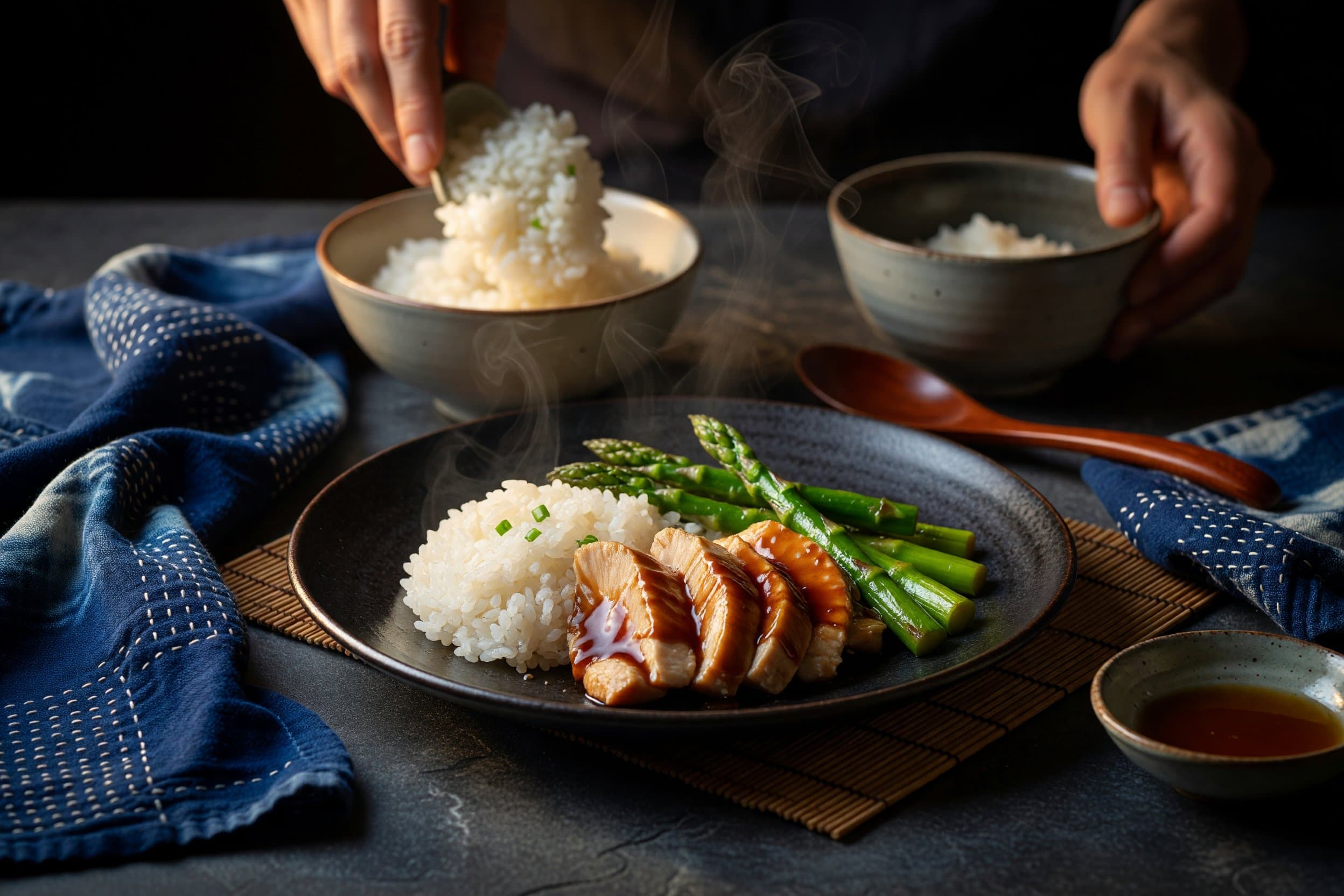 Divide rice between two bowls while preparing Chicken & Asparagus Teriyaki with Scallion Rice