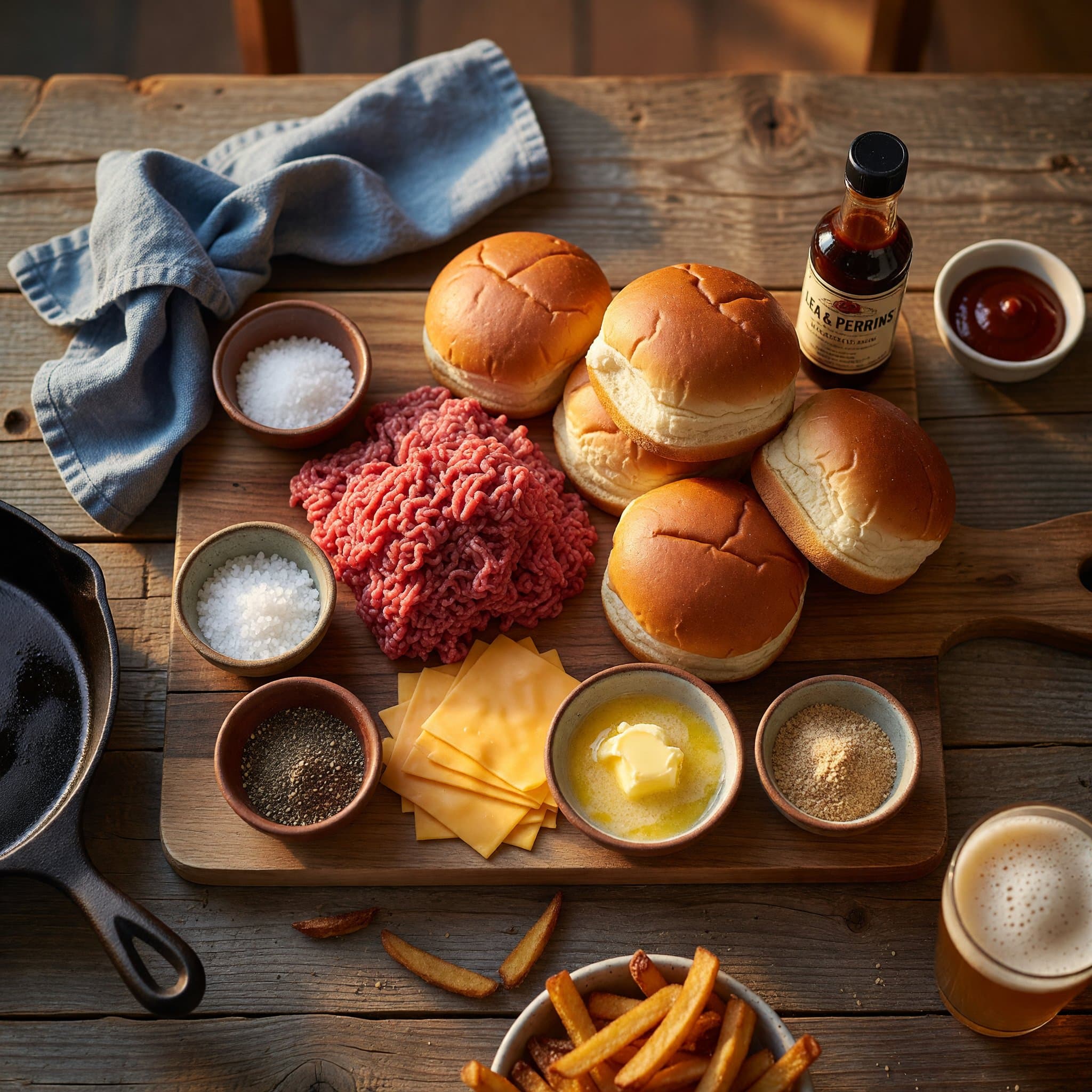 Overhead view of Ground Chuck Beef, Brioche Burger Buns, American Cheese, Butter, Kosher Salt, Black Pepper, Garlic Powder and Worcestershire Sauce arranged on a table