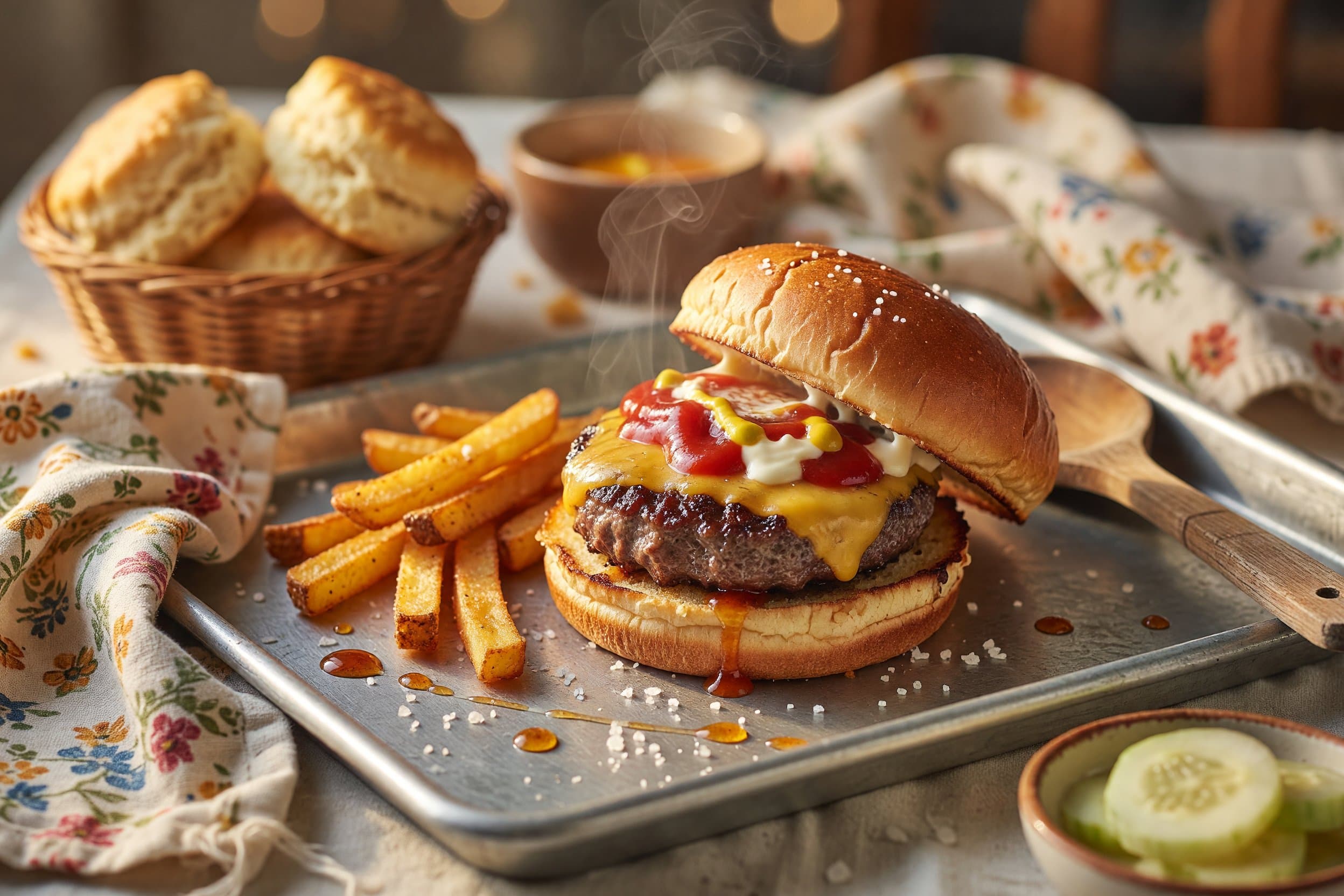 Assemble your burgers: spread mayonnaise on the top bun and ketchup and mustard while preparing Great American Hamburger & Crispy Potato Fries