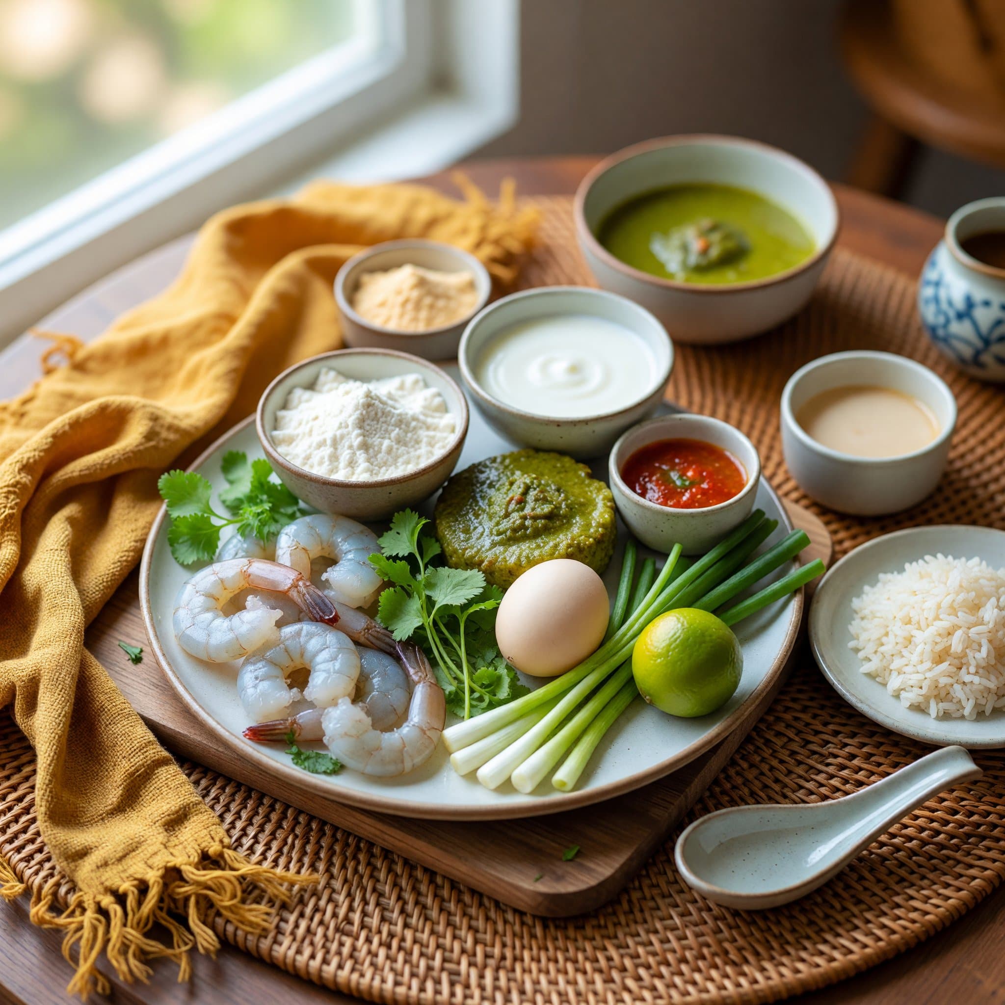 Overhead view of Shrimp, All-Purpose Flour, Coconut Milk, Thai Green Curry Paste, Fresh Cilantro, Egg, Green Onion and Lime arranged on a table