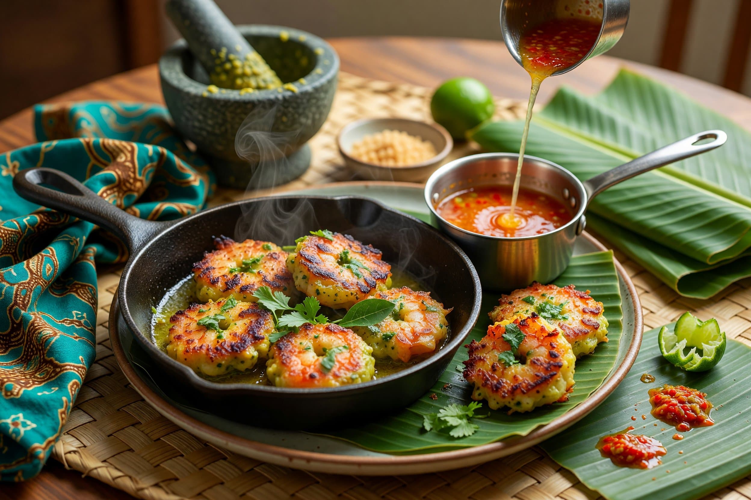 While the cakes cook, stir together your sweet chili sauce and lime juice in a s while preparing Thai Green Curry Shrimp Cakes with Sweet Chili Dip