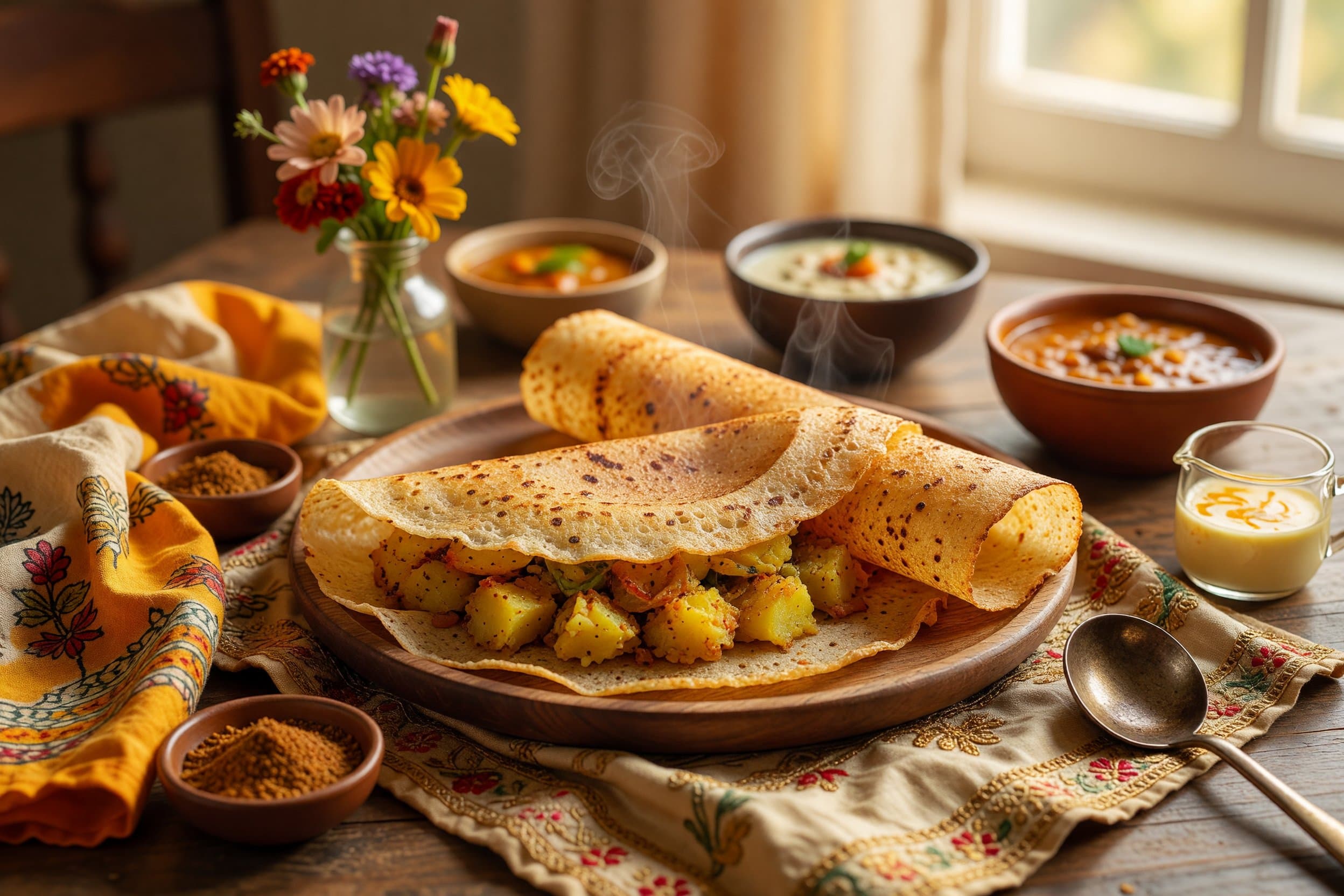 Fold the dosa in half over the filling to create a half-moon shape, or roll it u while preparing South Indian Masala Dosa