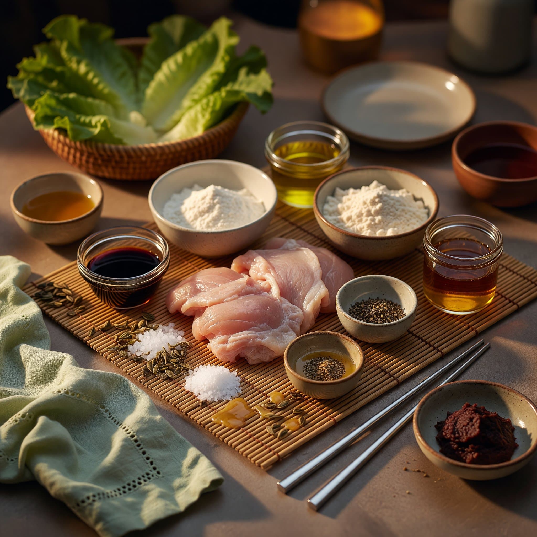 Overhead view of Chicken Thighs, Cornstarch, All-Purpose Flour, Salt, Black Pepper, Vegetable Oil, Soy Sauce and Honey arranged on a table