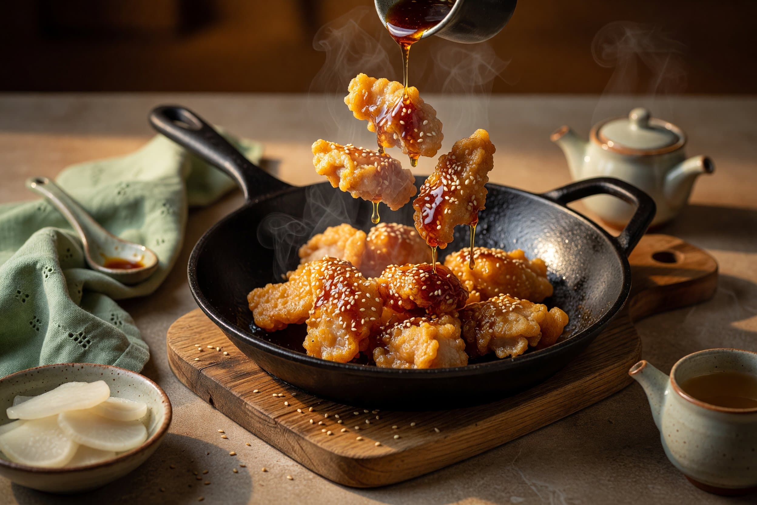 Transfer to a serving platter or divide between bowls while preparing Dakgangjeong (Korean Crispy Soy Garlic Chicken)