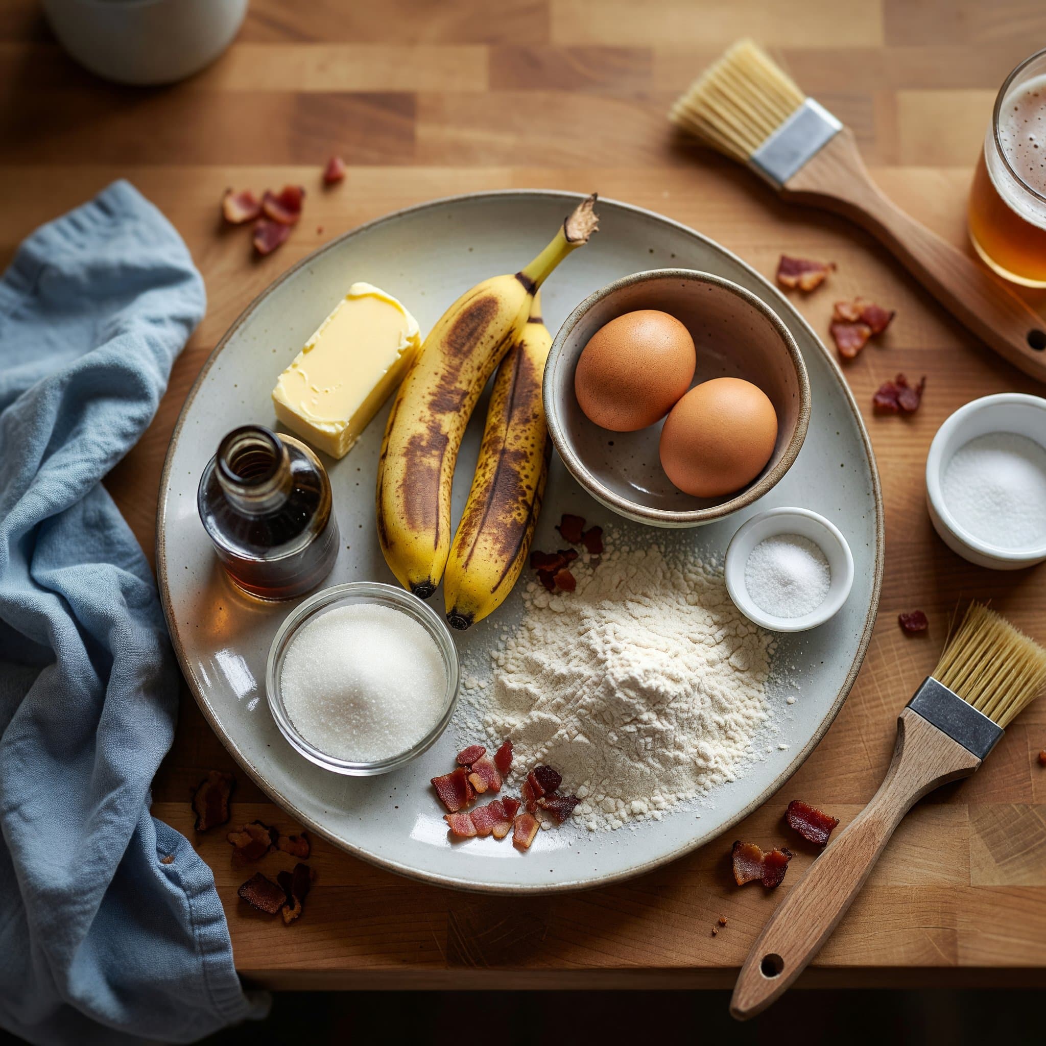 Overhead view of Butter, Bananas, Eggs, Vanilla Extract, All-Purpose Flour, Granulated Sugar, Baking Soda and Salt arranged on a table