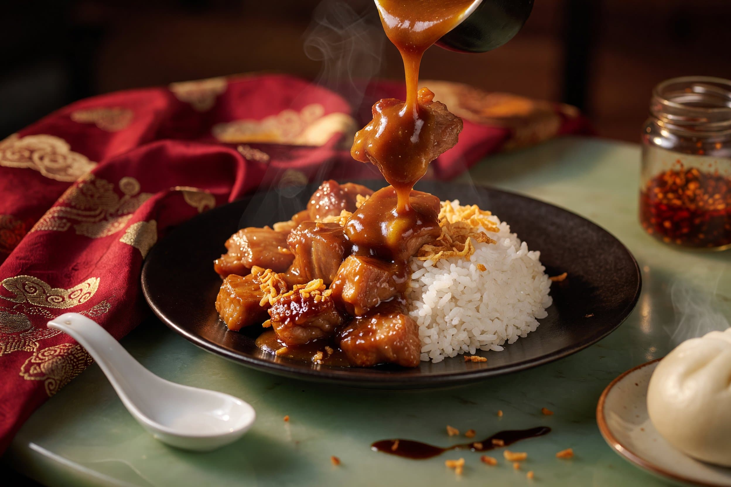 Serve the pork and sauce over steamed rice while preparing Glazed Pork with Apple-Coconut Sauce and Crispy Onions