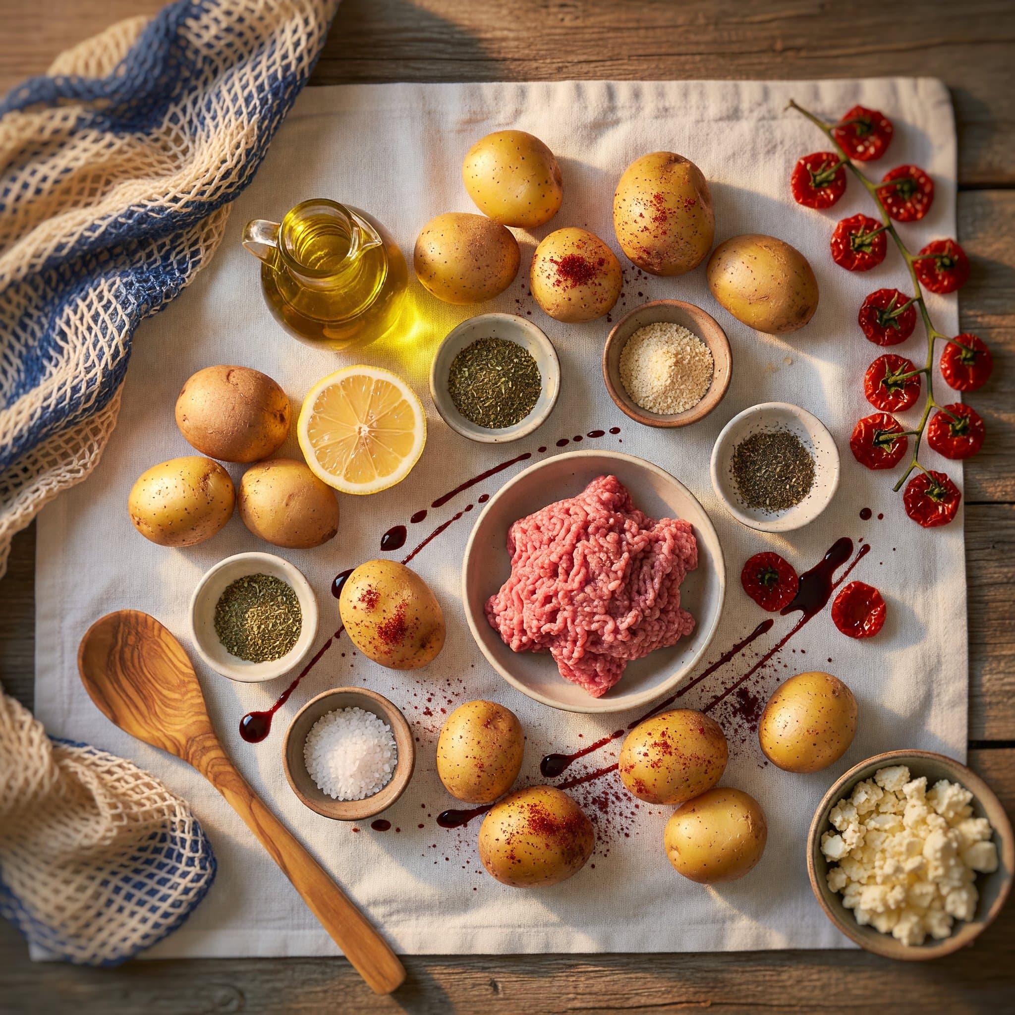 Overhead view of Yukon Gold Potatoes, Olive Oil, Lemon, Dried Oregano, Garlic Powder, Kosher Salt, Black Pepper and Ground Lamb arranged on a table
