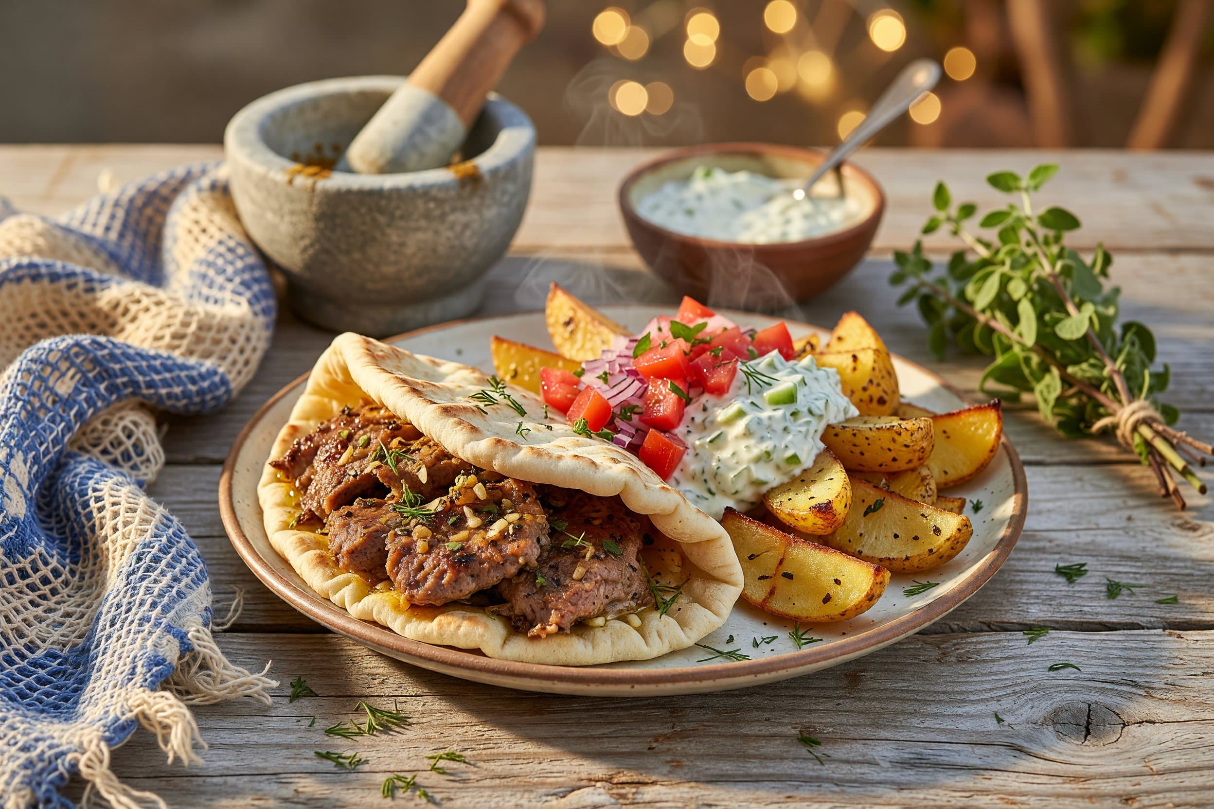 Fold the pita around the filling and serve immediately alongside your crispy Gre while preparing Greek Lamb Gyros with Crispy Lemon Potatoes
