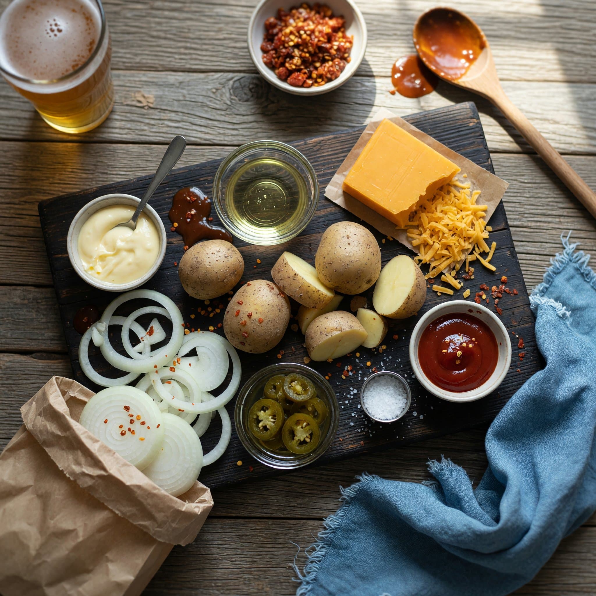 Overhead view of Potatoes, Oil, Cheddar Cheese, Onion, Mayonnaise, Ketchup, Pickled JalapeñOs and Salt arranged on a table