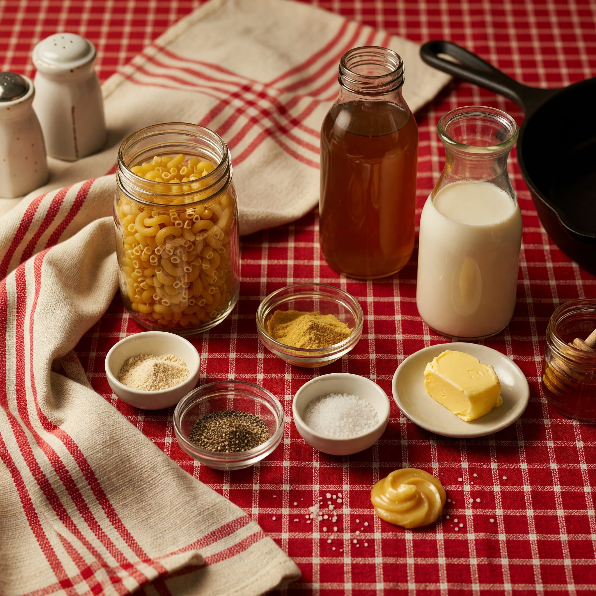 Overhead view of Elbow Macaroni, Chicken Broth, Whole Milk, Butter, Garlic Powder, Mustard Powder, Black Pepper and Kosher Salt arranged on a table