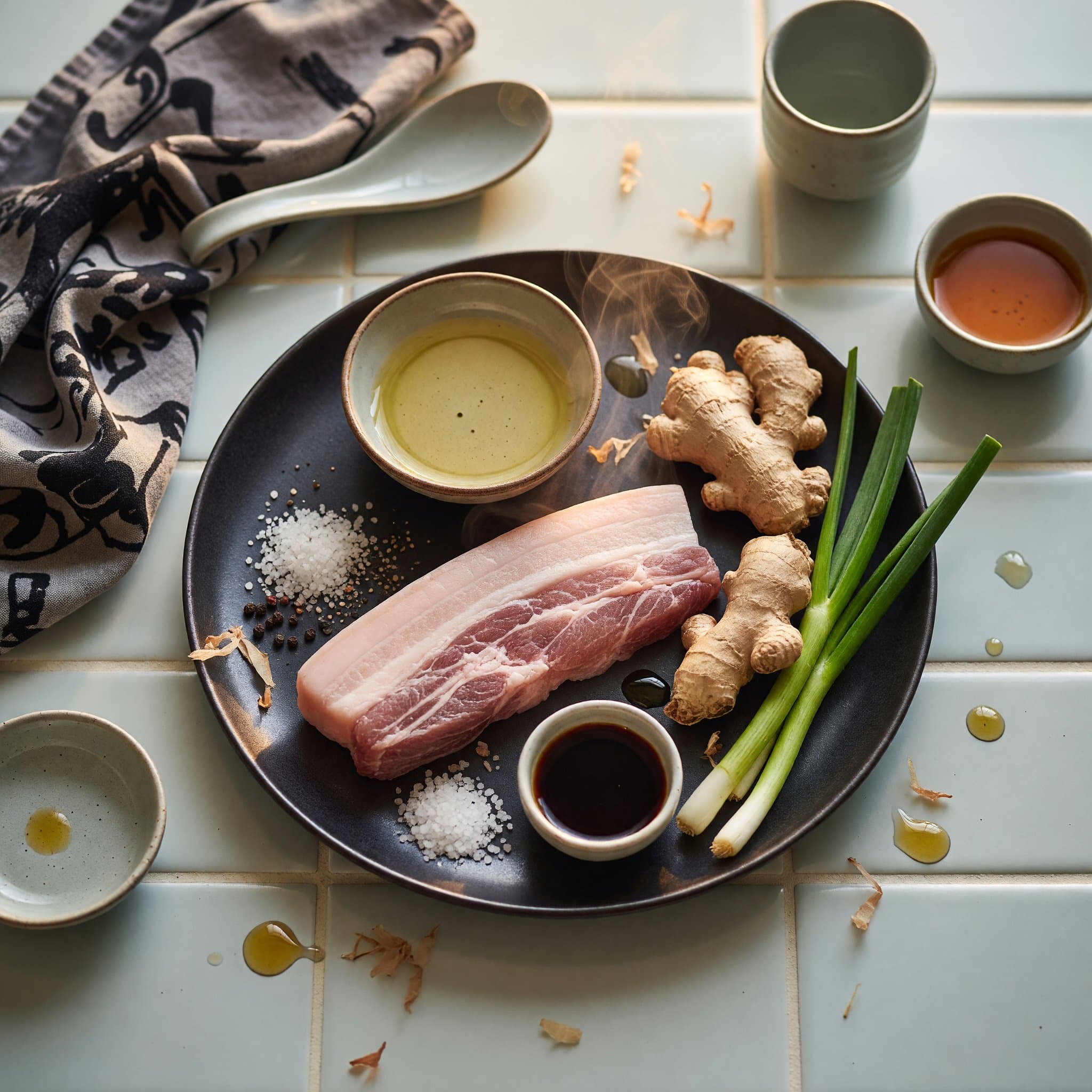Overhead view of Pork Belly, Kosher Salt, Black Pepper, Neutral Oil, Fresh Ginger, Scallions, Soy Sauce and Rice Vinegar arranged on a table
