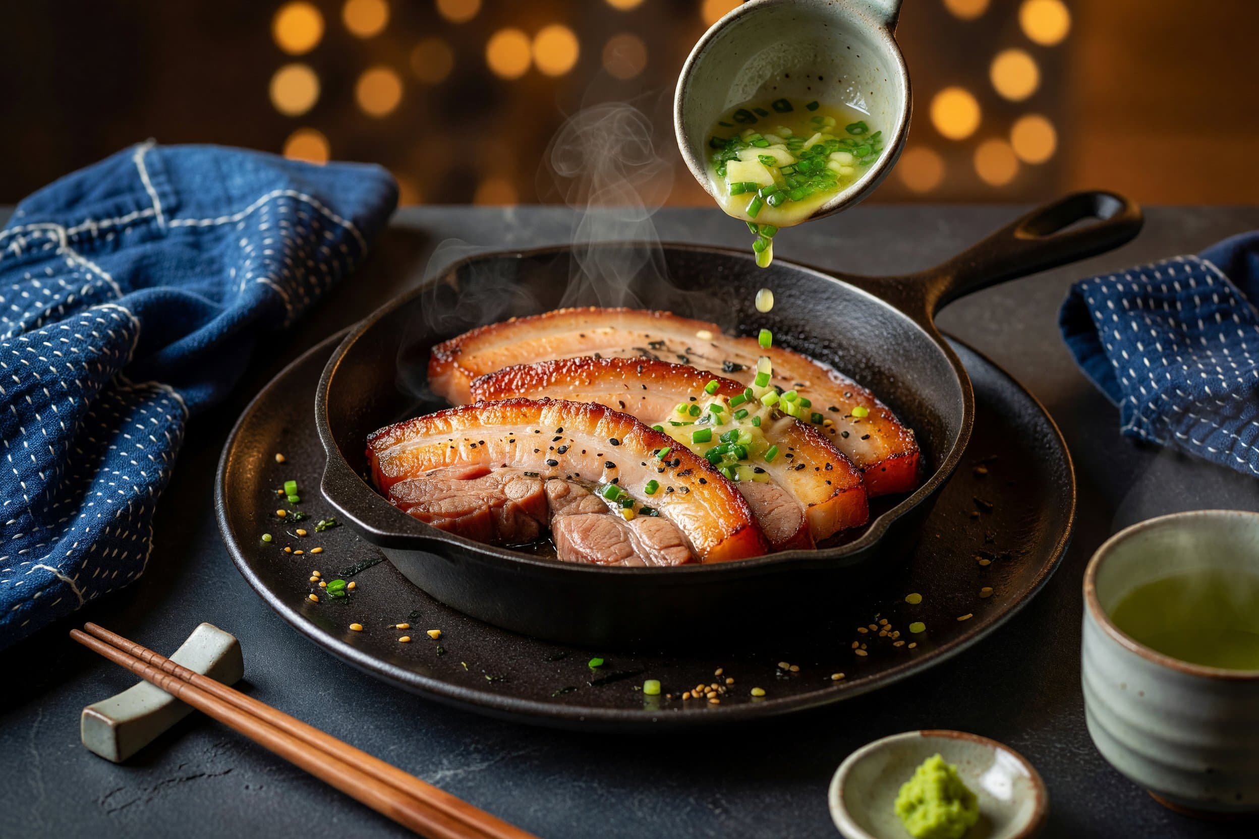 Slice your pork belly into 2–3 pieces per portion while preparing Pan-Seared Pork Belly with Crispy Skin & Ginger-Scallion Sauce