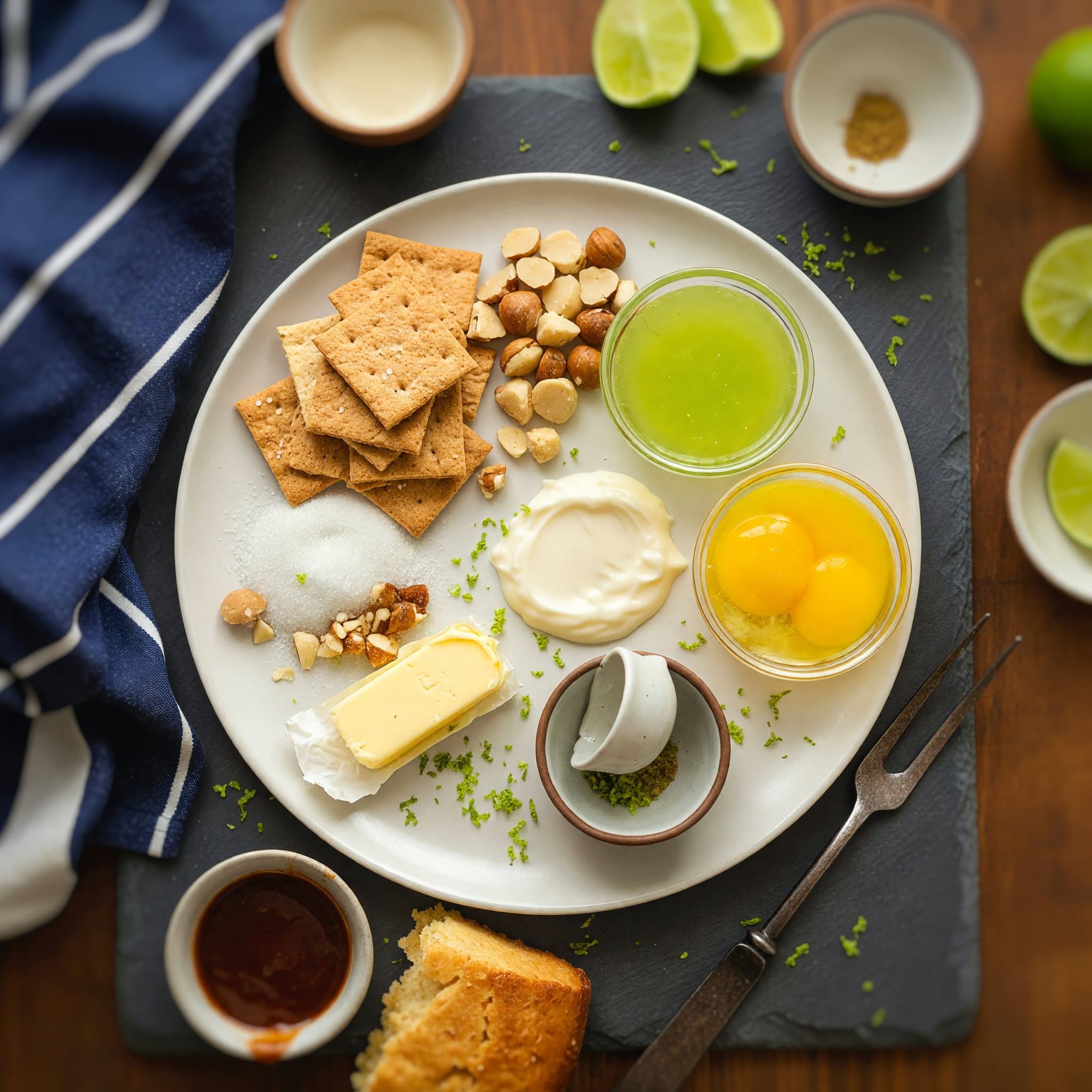 Overhead view of Graham Crackers, Salted Macadamia Nuts, Granulated Sugar, Unsalted Butter, Full-Fat Sweetened Condensed Milk, Key Lime Juice, Egg Yolks and Key Lime Zest arranged on a table