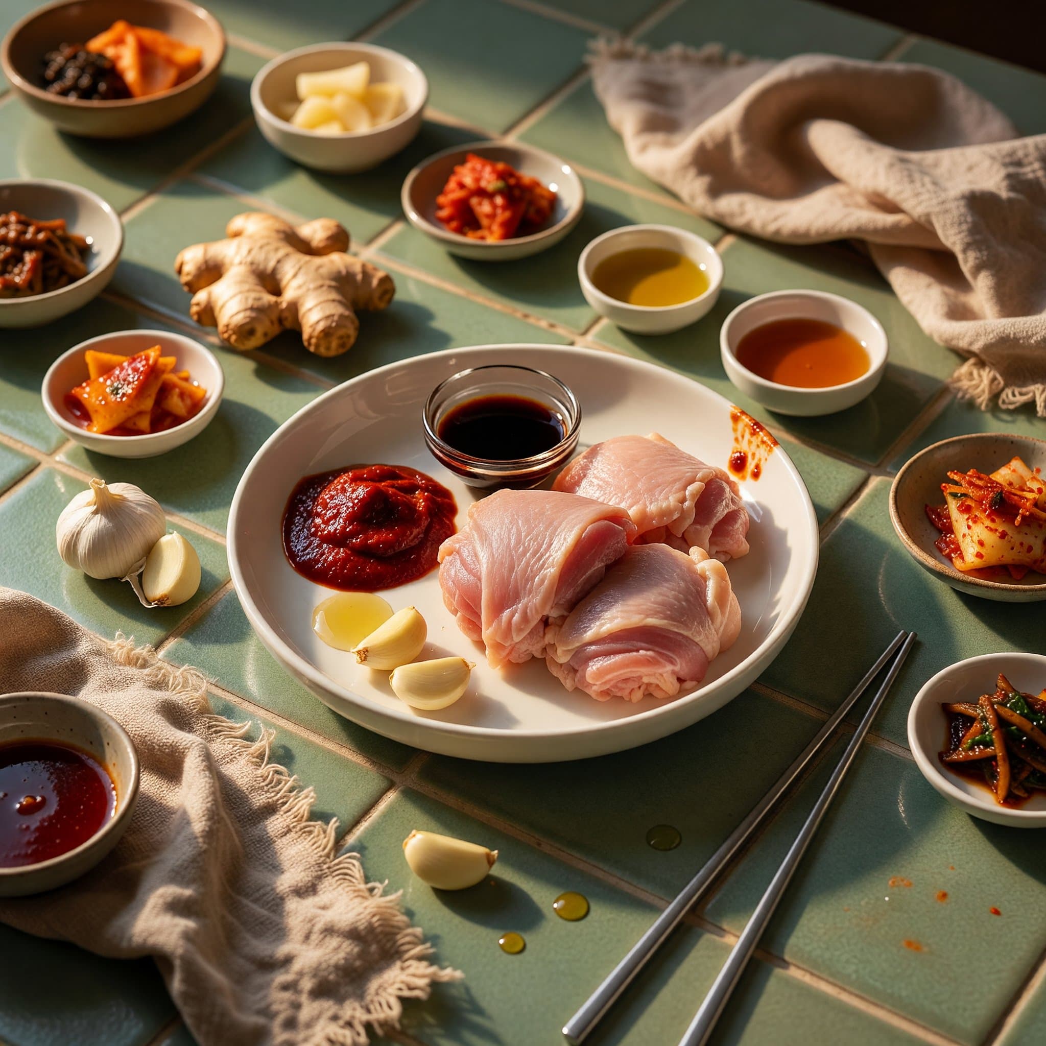 Overhead view of Chicken Thighs, Gochujang, Soy Sauce, Sesame Oil, Honey, Garlic, Ginger and Neutral Oil arranged on a table