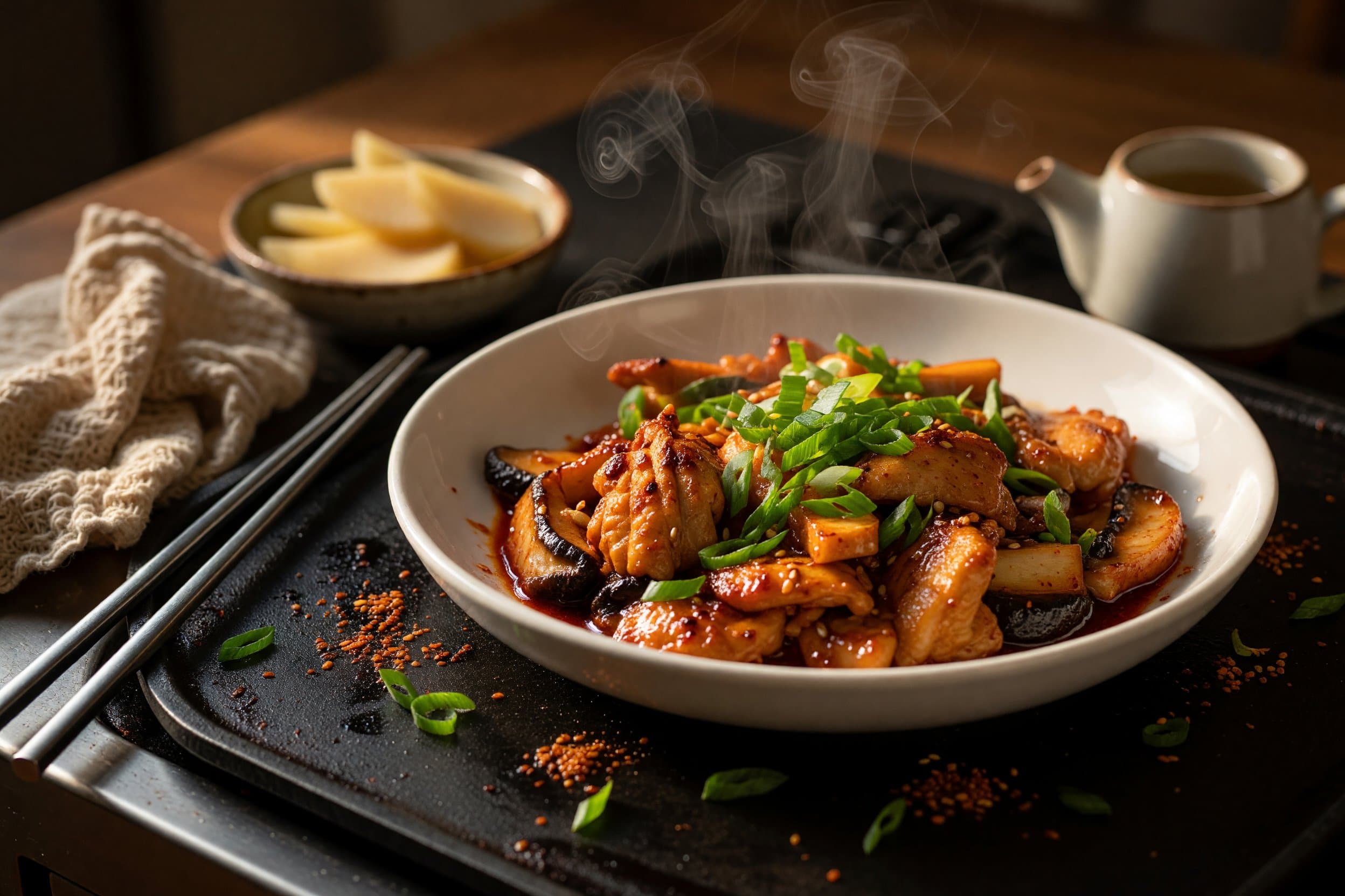 **Finish and garnish while preparing Korean Dakgalbi-Style Spicy Chicken & Mushroom Stir-Fry