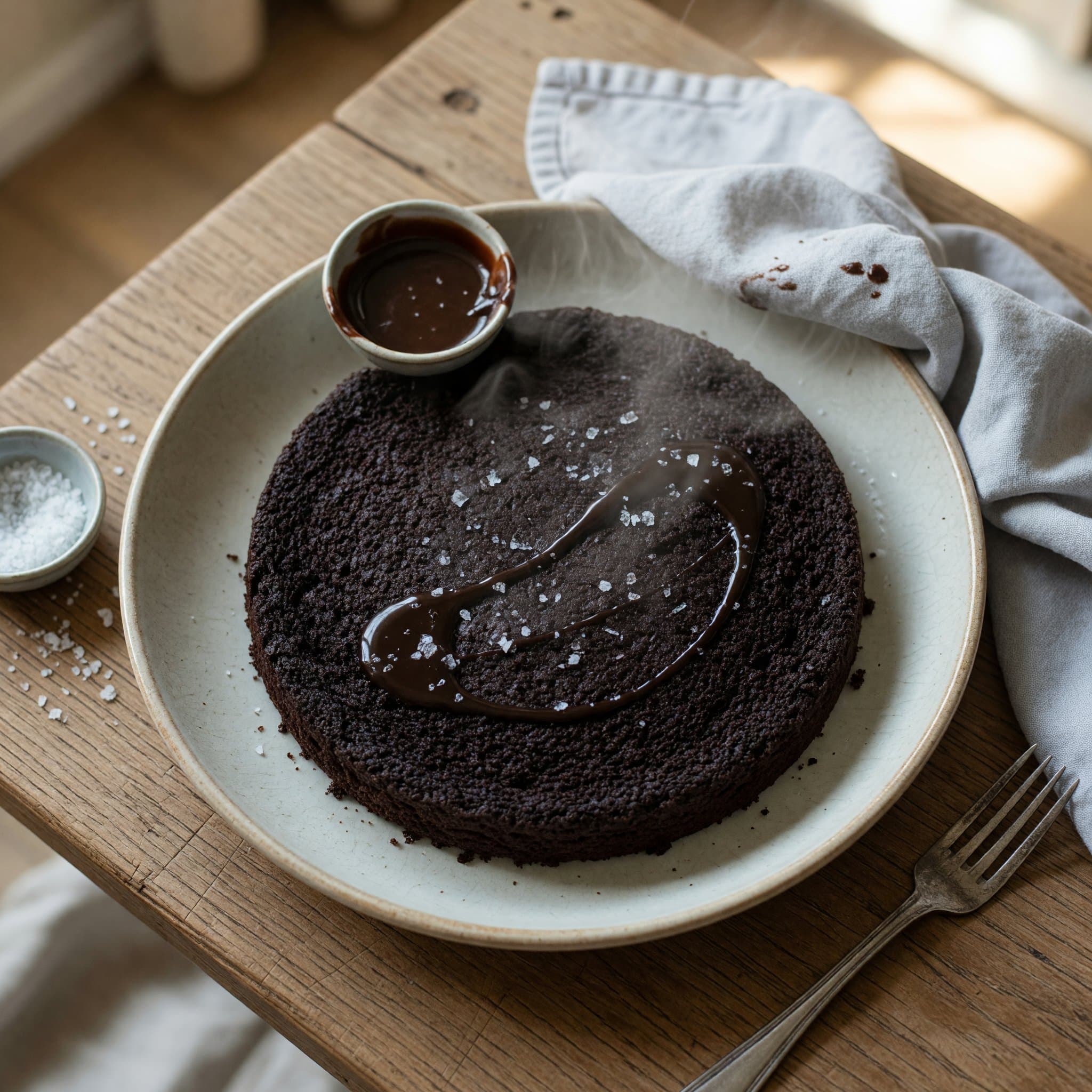 Lay one layer of chocolate cake on a cake board or platter while preparing Dark Chocolate Cake