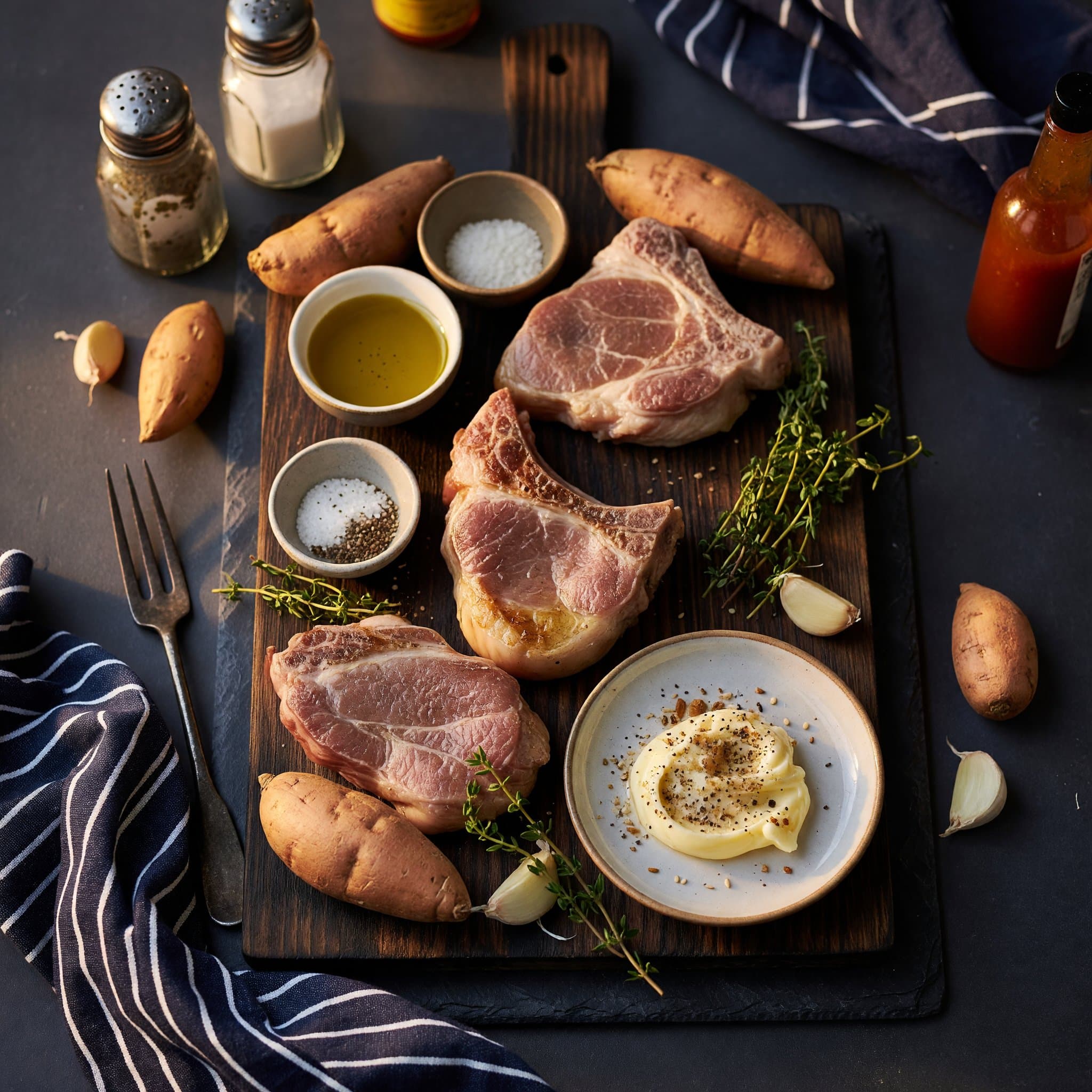 Overhead view of Pork Chops, Olive Oil, Sea Salt, Black Pepper, Fresh Thyme, Garlic, Sweet Potatoes and Olive Oil arranged on a table