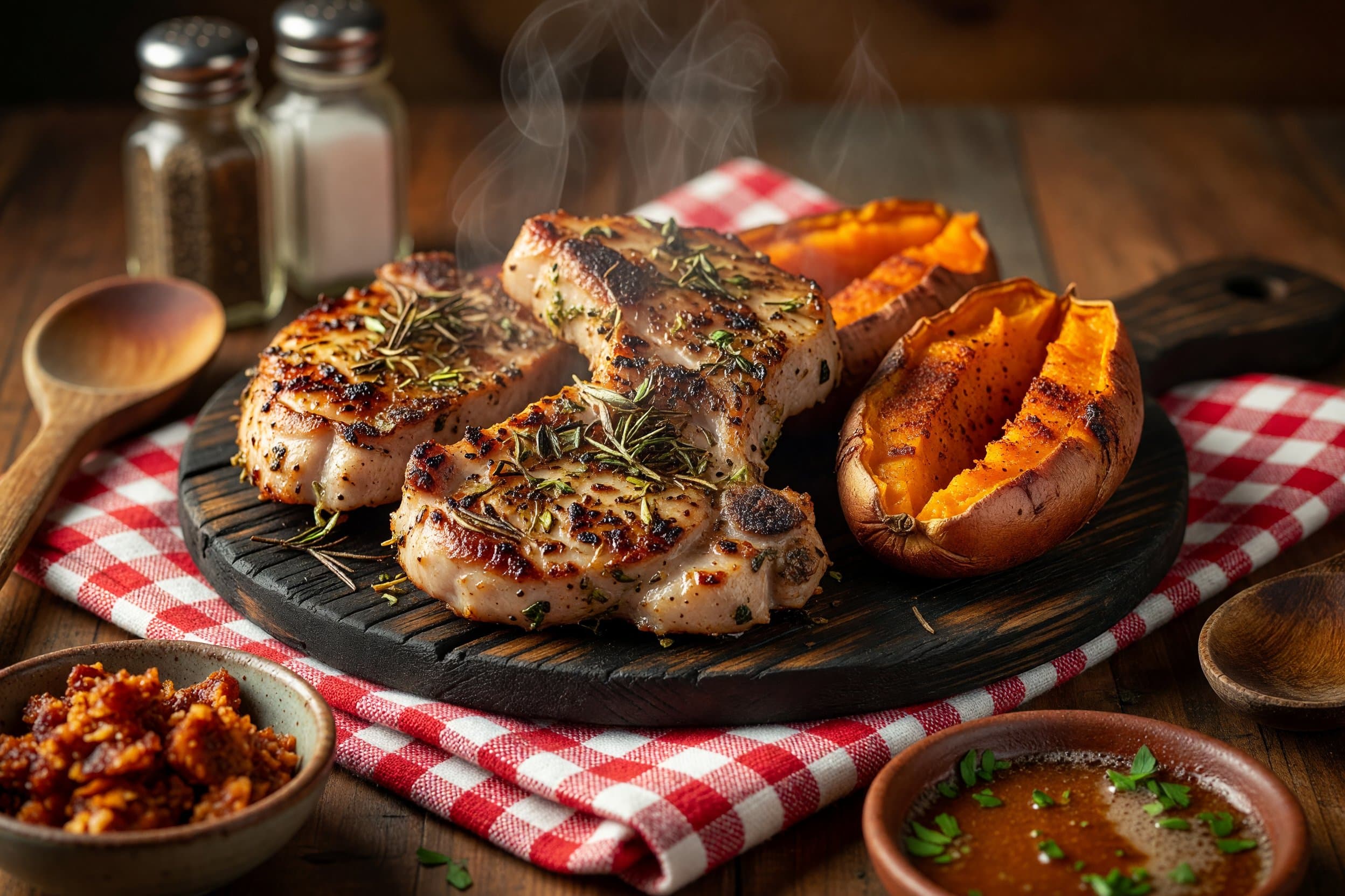 Serve the pork chops alongside your baked seasoned sweet potatoes while preparing Grilled Pork Chops with Baked Seasoned Sweet Potatoes