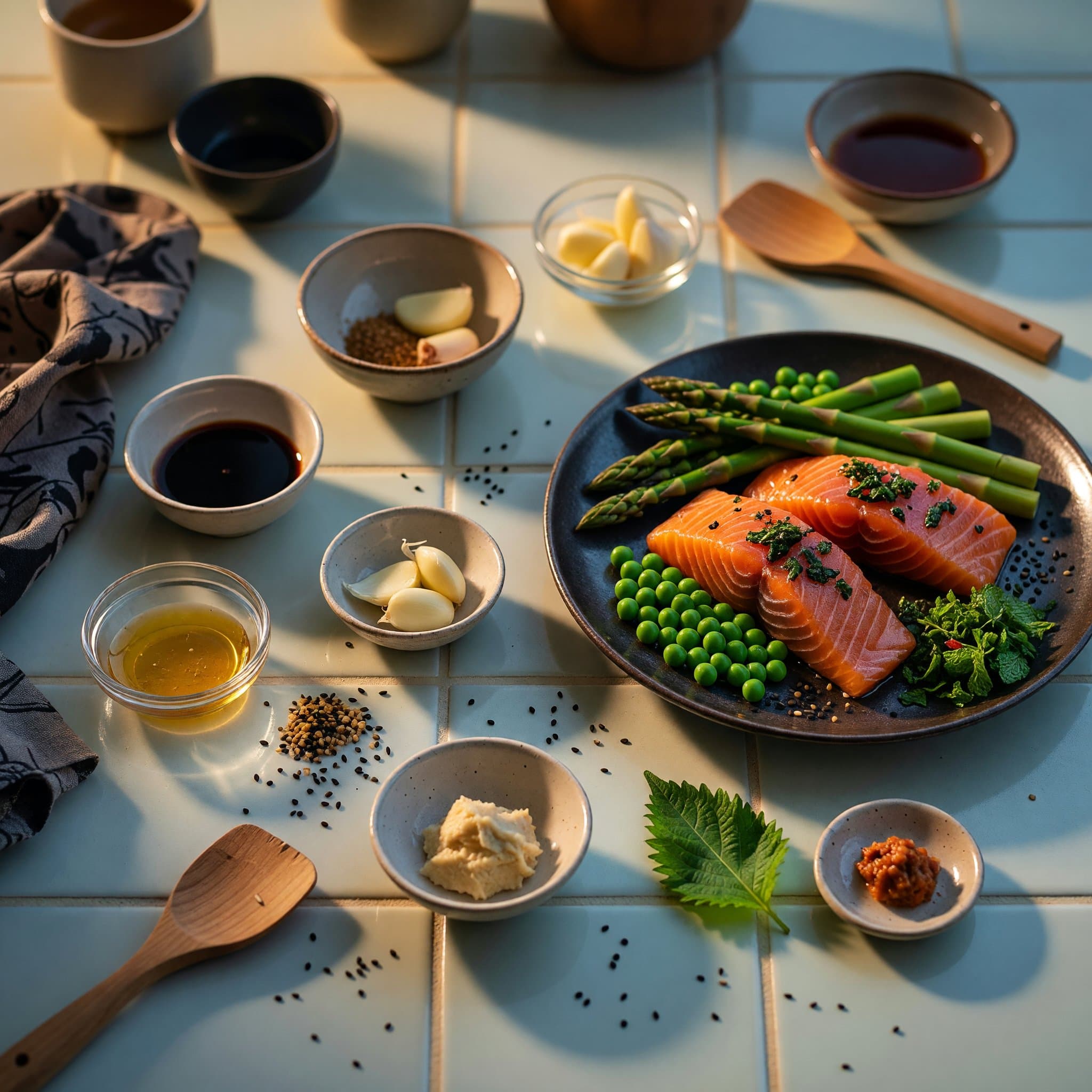 Overhead view of White Miso Paste, Mirin, Soy Sauce, Sesame Oil, Honey, Garlic, Salmon Fillets and Olive Oil arranged on a table