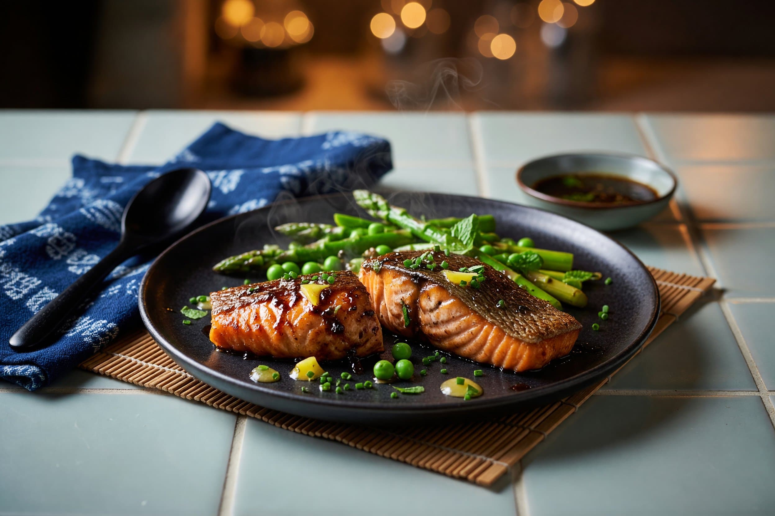 **Plate and serve:** Divide the sautéed asparagus and peas between two plates while preparing Japanese Miso-Glazed Salmon with Asparagus, Peas & Mint Gremolata