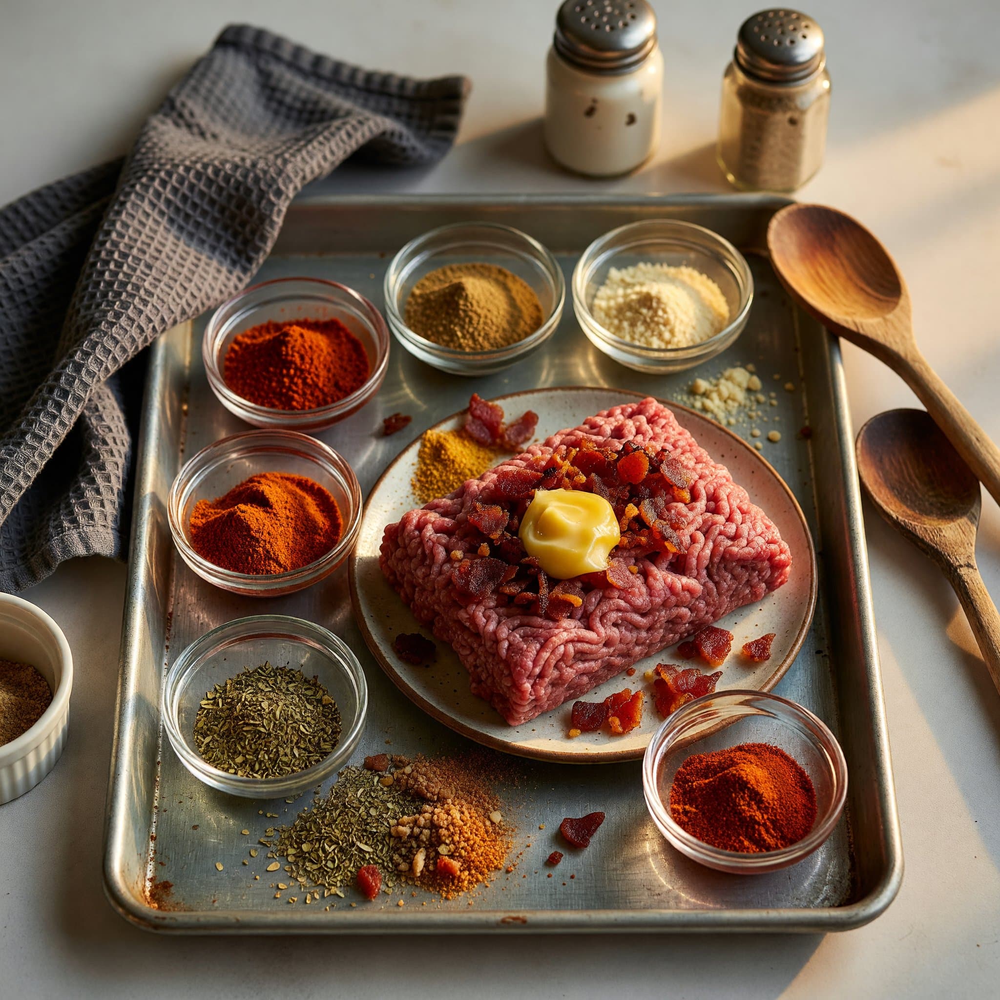 Overhead view of Ground Beef, Chili Powder, Cumin, Garlic Powder, Onion Powder, Smoked Paprika, Dried Oregano and Cayenne Pepper arranged on a table