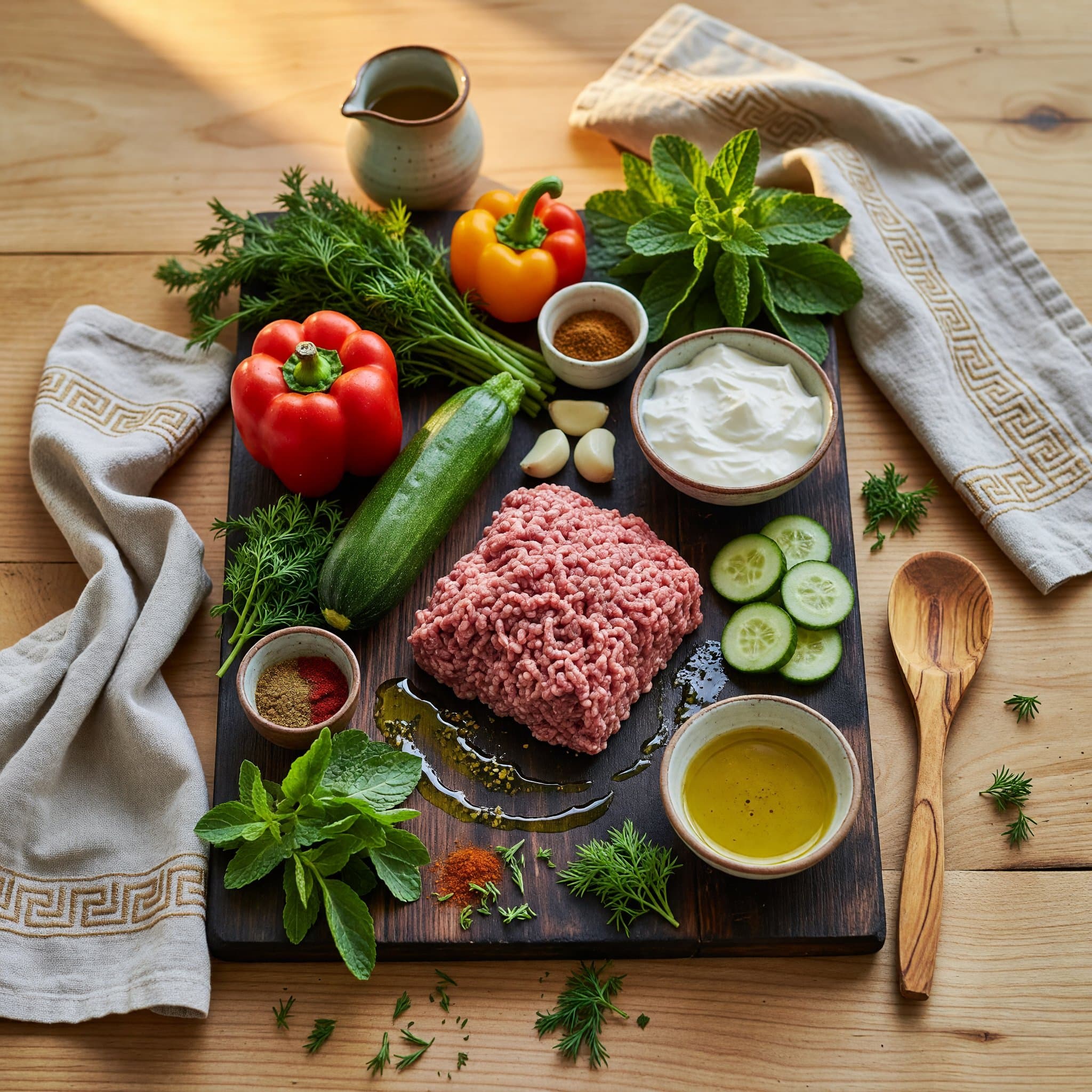 Overhead view of Ground Lamb, Zucchini, Bell Pepper, Greek Yogurt, Cucumber, Fresh Dill, Fresh Mint and Garlic arranged on a table